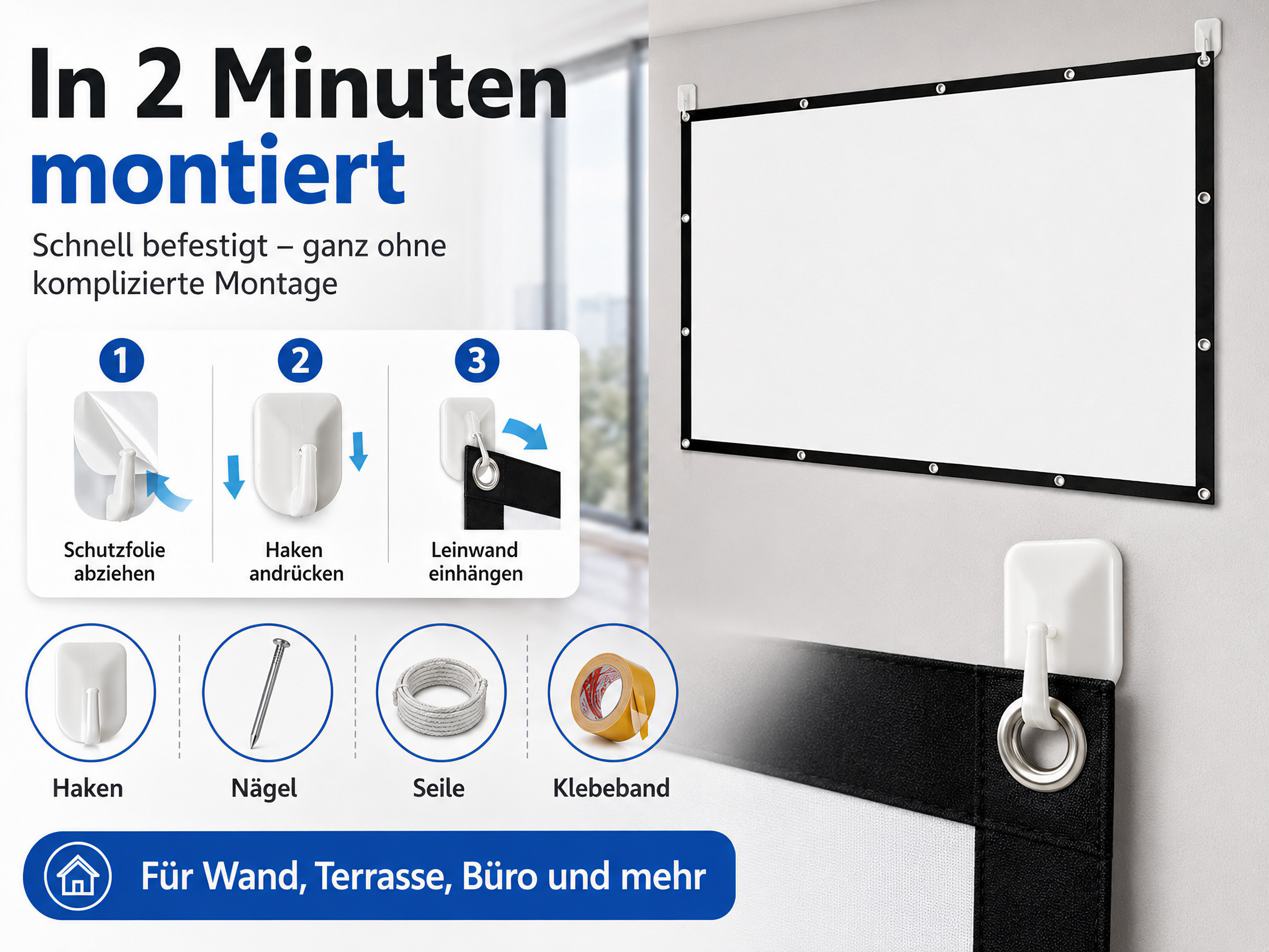Anleitung zur Montage einer Leinwand mit Haken, Nägeln, Seil und Klebeband.