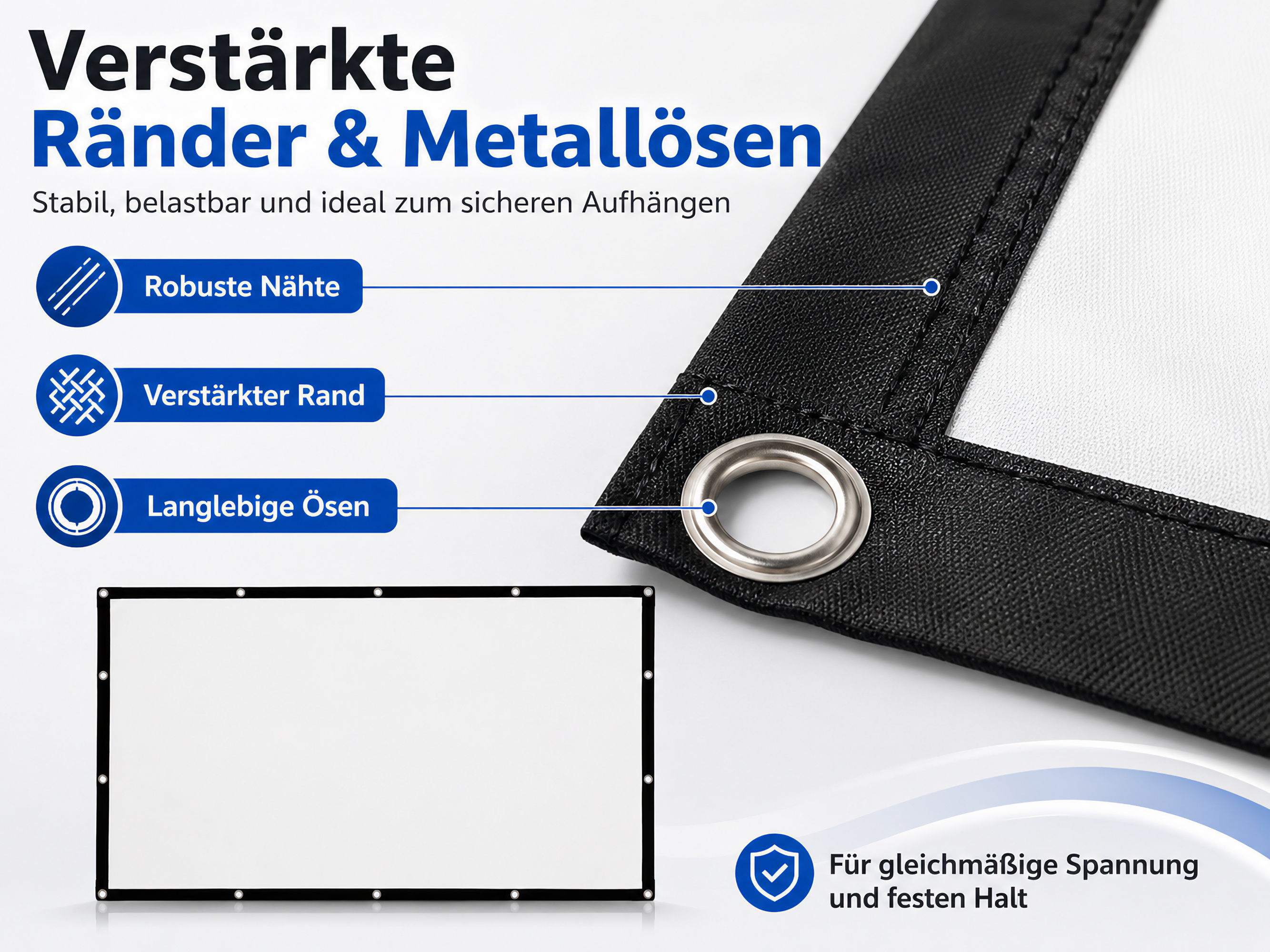 Verstärkte Ränder & Metallösen mit Nähten, Rand, Ösen und Leinwand.