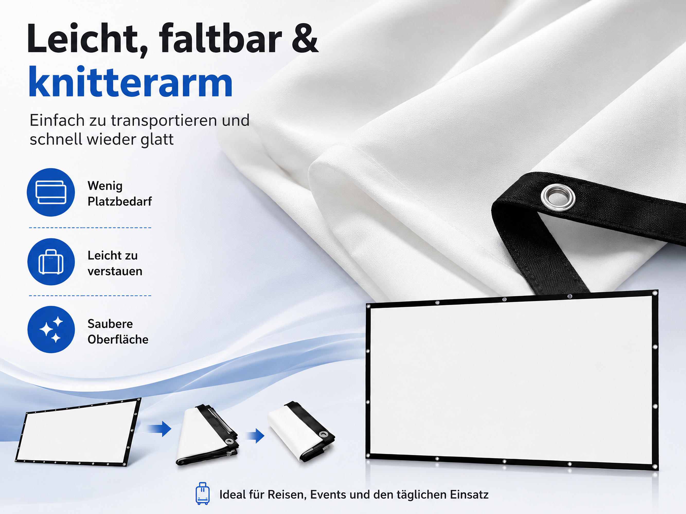 Eine weiße Projektionsleinwand mit schwarzen Rändern und Ösen, gefaltet und entfaltet dargestellt, vor hellblauem und weißem Hintergrund.