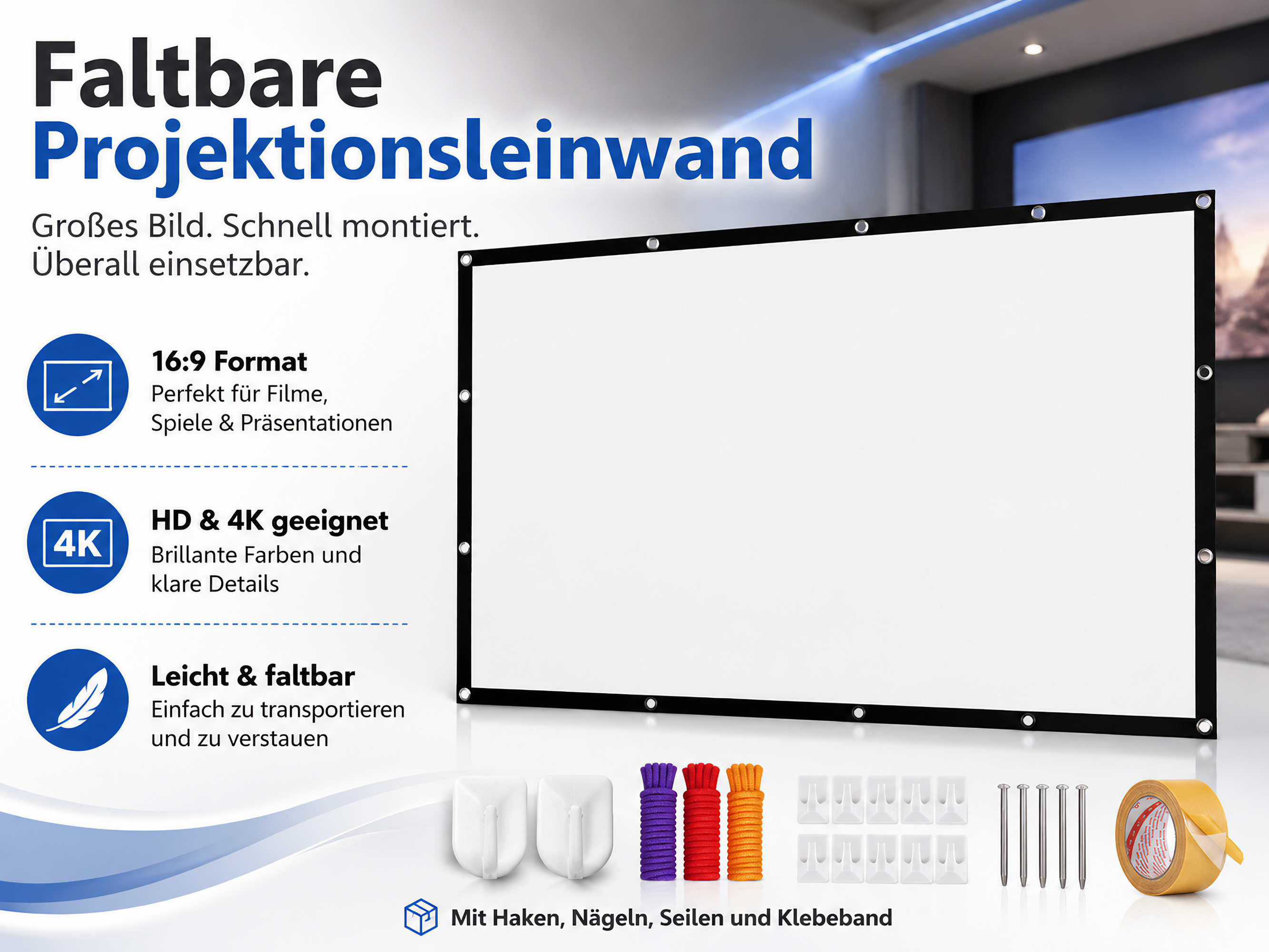 Eine faltbare Projektionsleinwand mit Zubehör wie Haken, Nägeln, Seilen und Klebeband auf weißem Hintergrund mit Text.