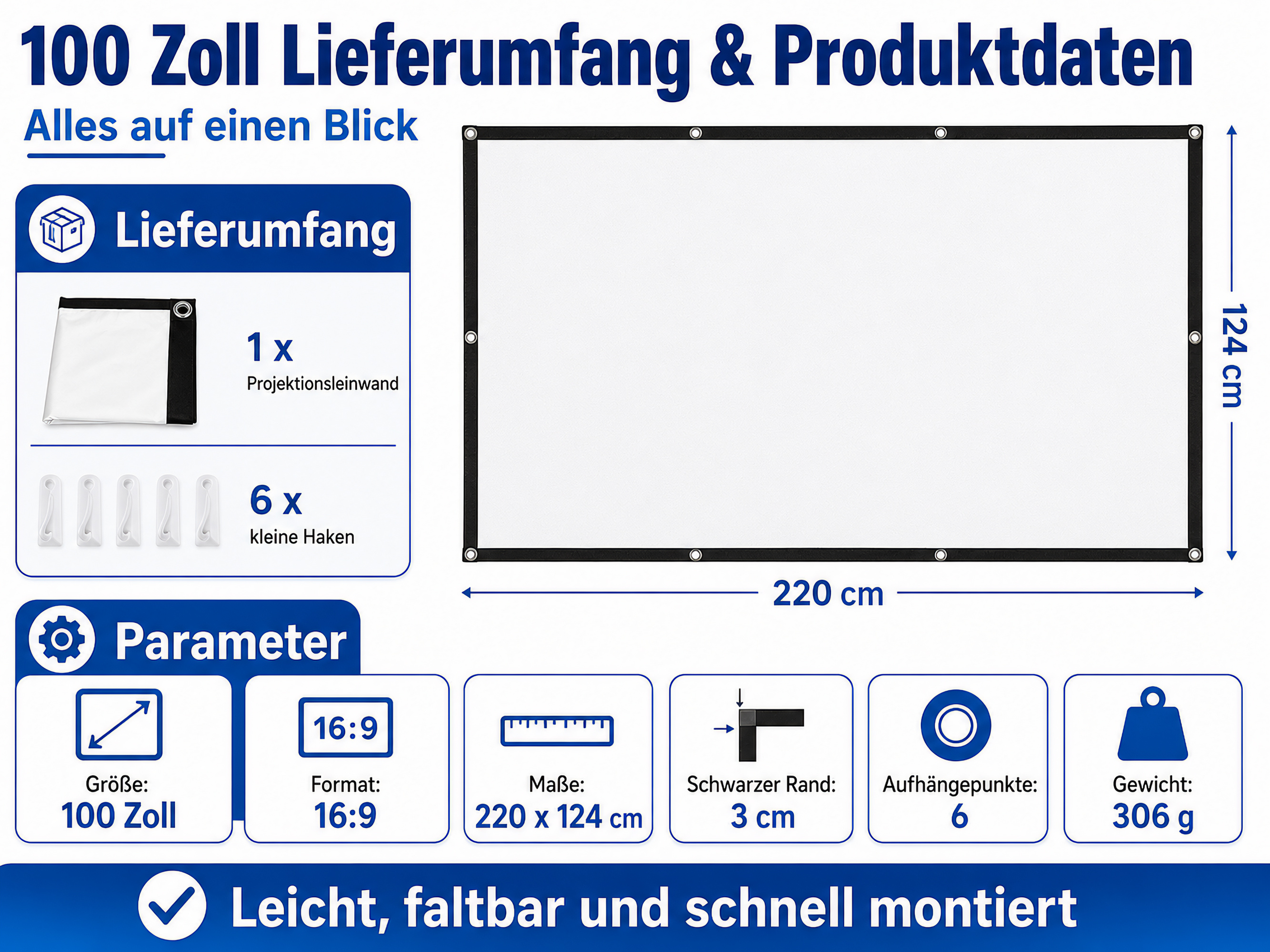 Infografik zeigt eine 100-Zoll-Projektionsleinwand mit Maßen 220x124 cm, 16:9 Format, 3cm schwarzem Rand, 6 Aufhängepunkten und 306g Gewicht. Enthält eine Leinwand und sechs Haken.