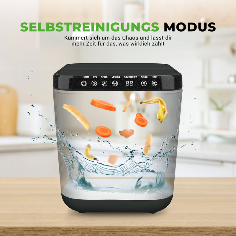 Ein Gerät mit Obst und Gemüse fliegt in der Luft. Es gibt Knöpfe und Text.