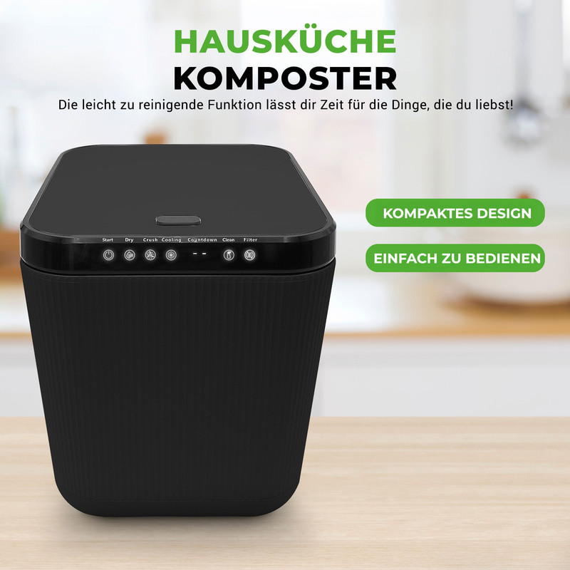 Schwarzer Küchenkomposter mit Bedienfeld und Text.