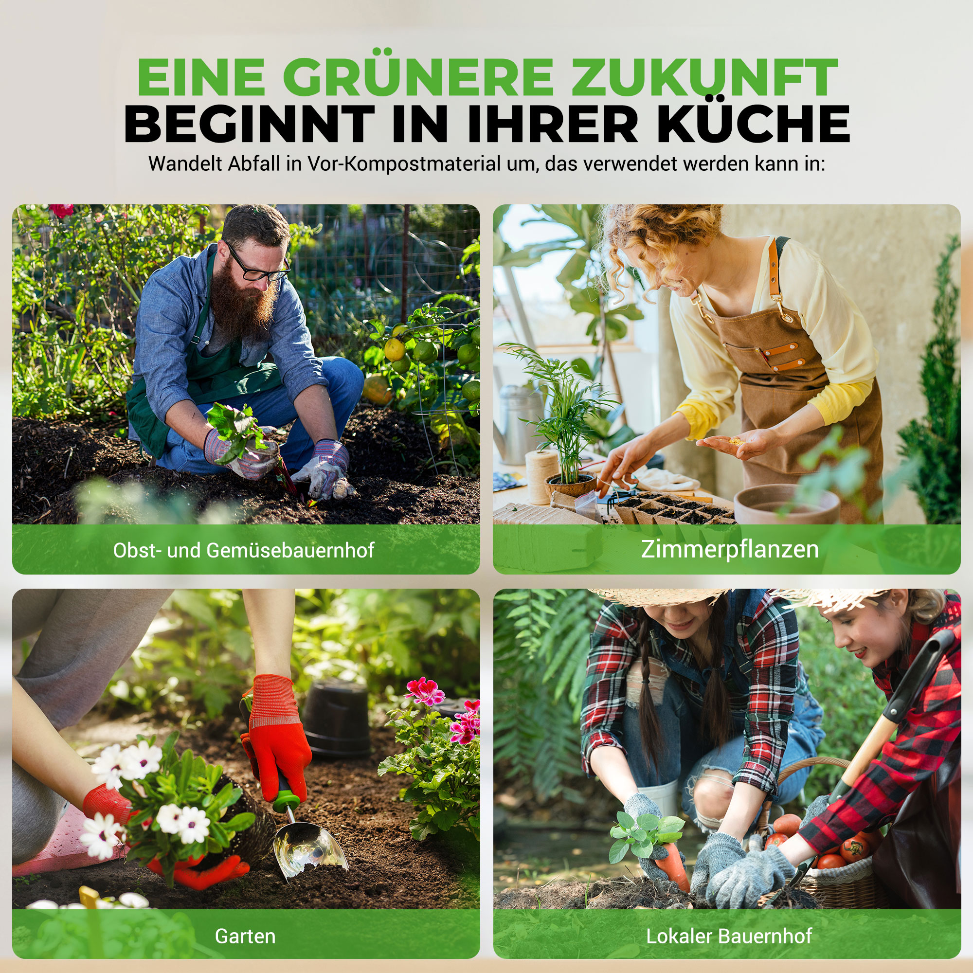 Vier Szenen von Gartenarbeit: Mann pflanzt, Frau sät, Hände pflanzen Blume, Kinder ernten.
