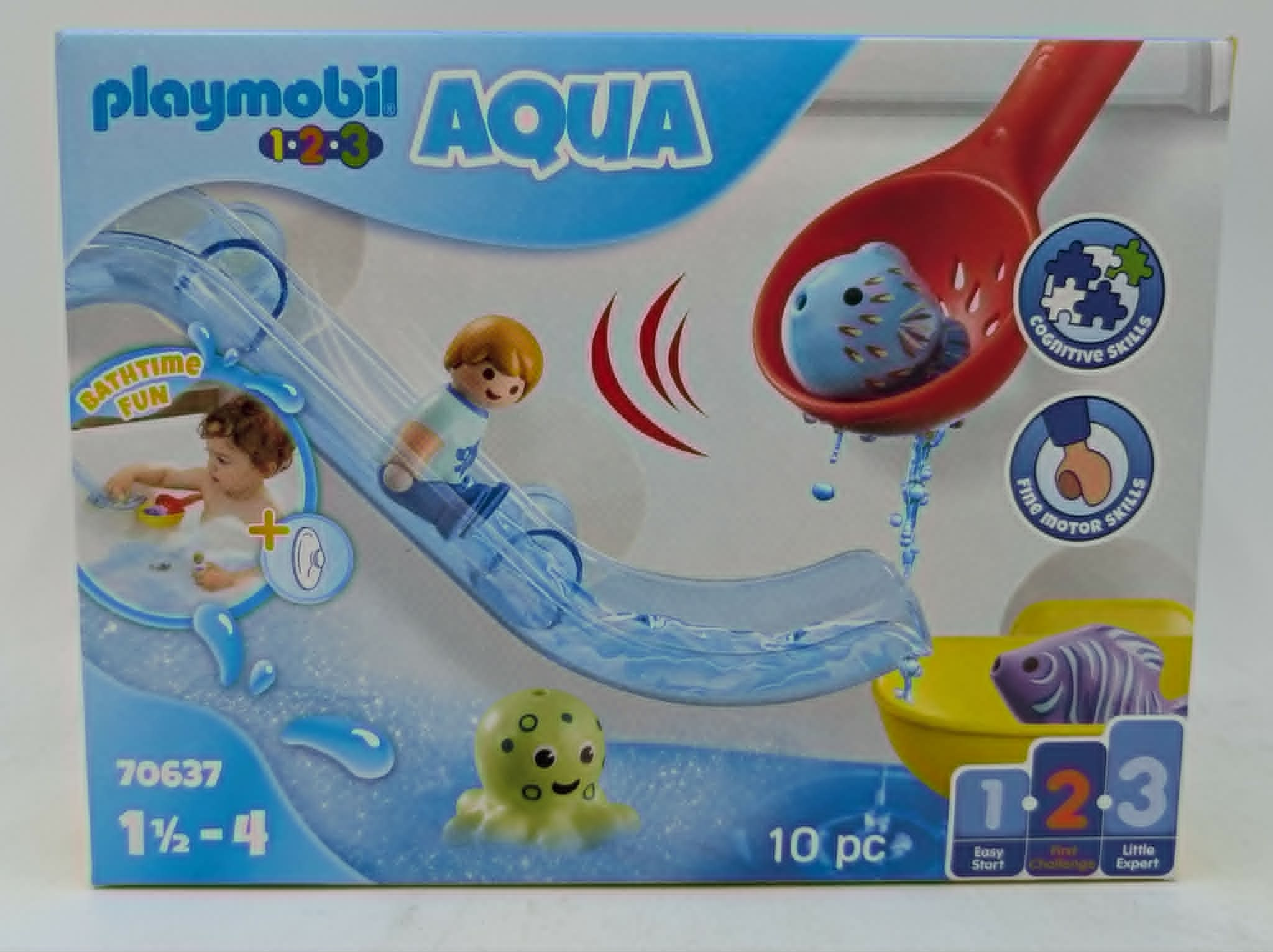 Playmobil Aqua Badespielzeug-Karton mit Rutsche, Fisch, Oktopus und Kinderfigur.