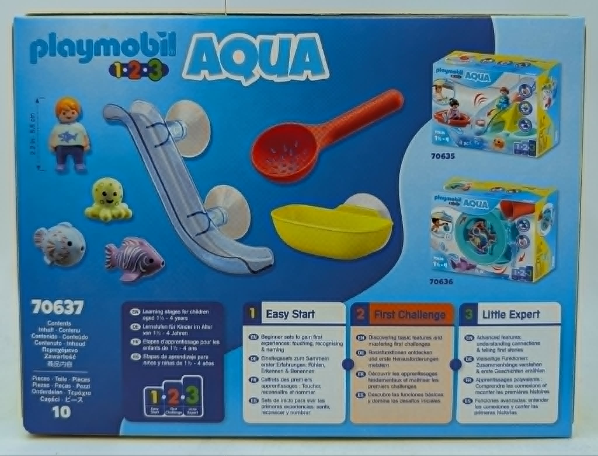 Playmobil Aqua Spielzeugbox mit Figuren, Rutsche, Oktopus, Fisch und Löffel.