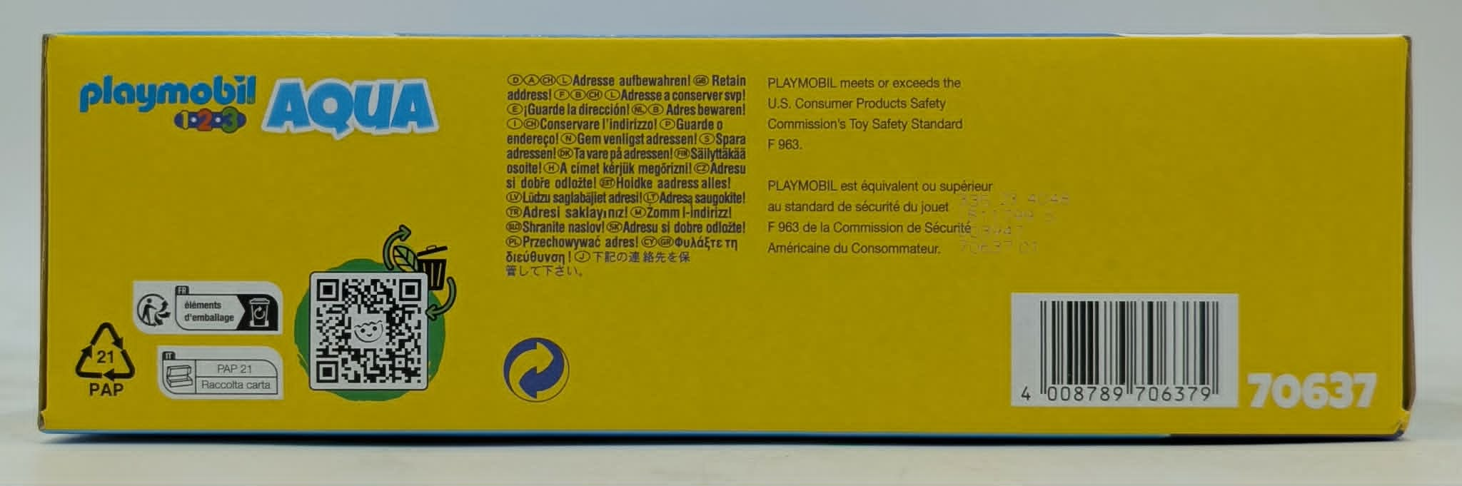 Gelbe Playmobil Aqua Verpackung mit verschiedenen Hinweisen und Barcode.