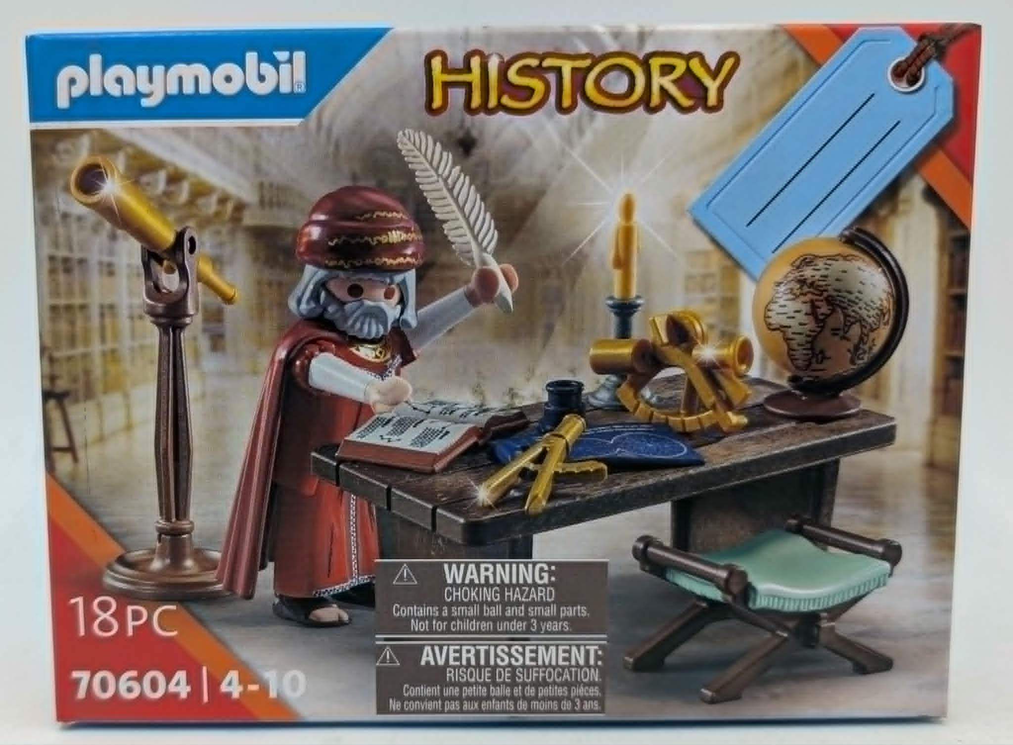 Playmobil-Set mit einem Gelehrten, Teleskop, Globus und historischen Instrumenten.