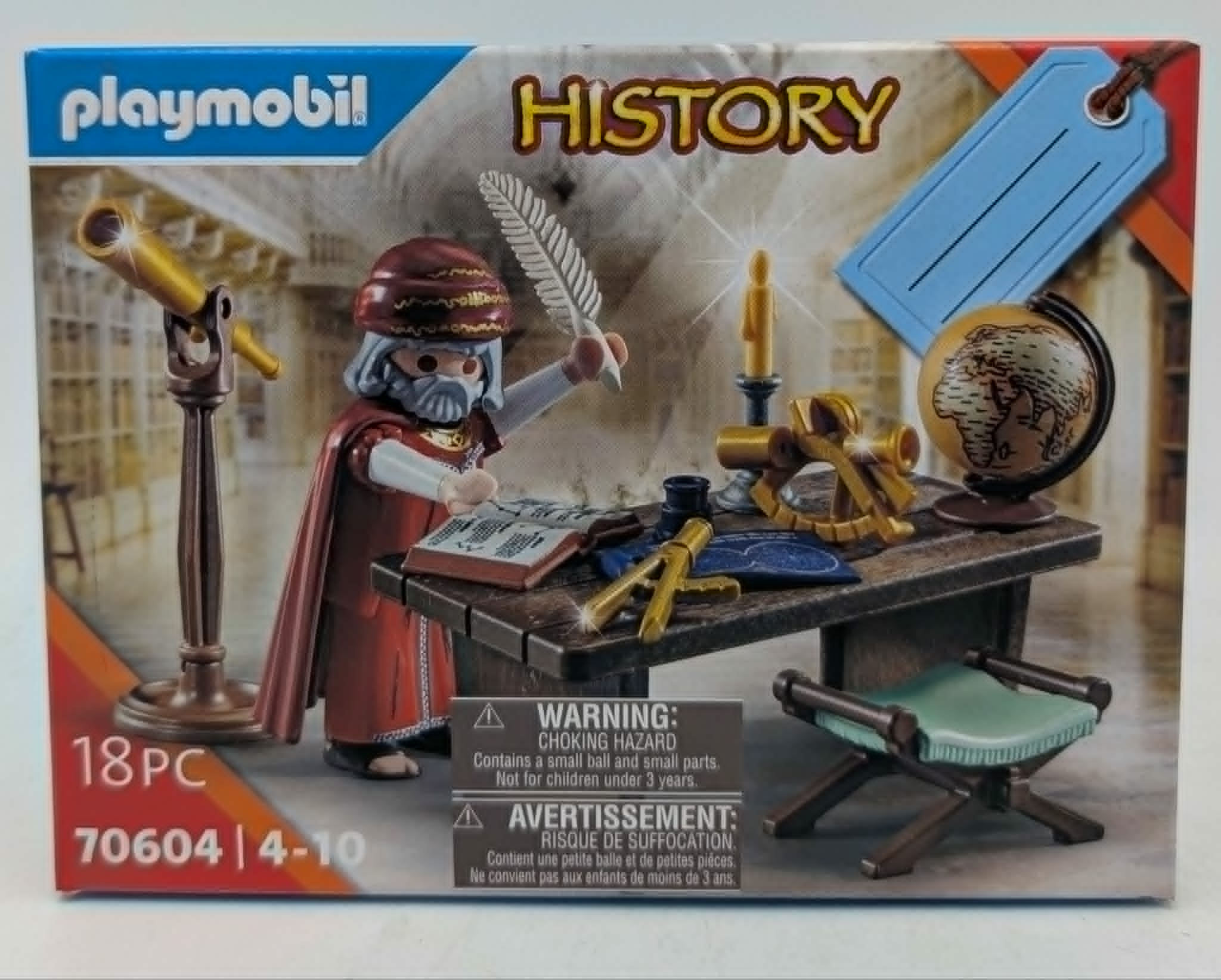 Playmobil History Set: Mann in Robe am Schreibtisch mit Globus und Fernrohr.