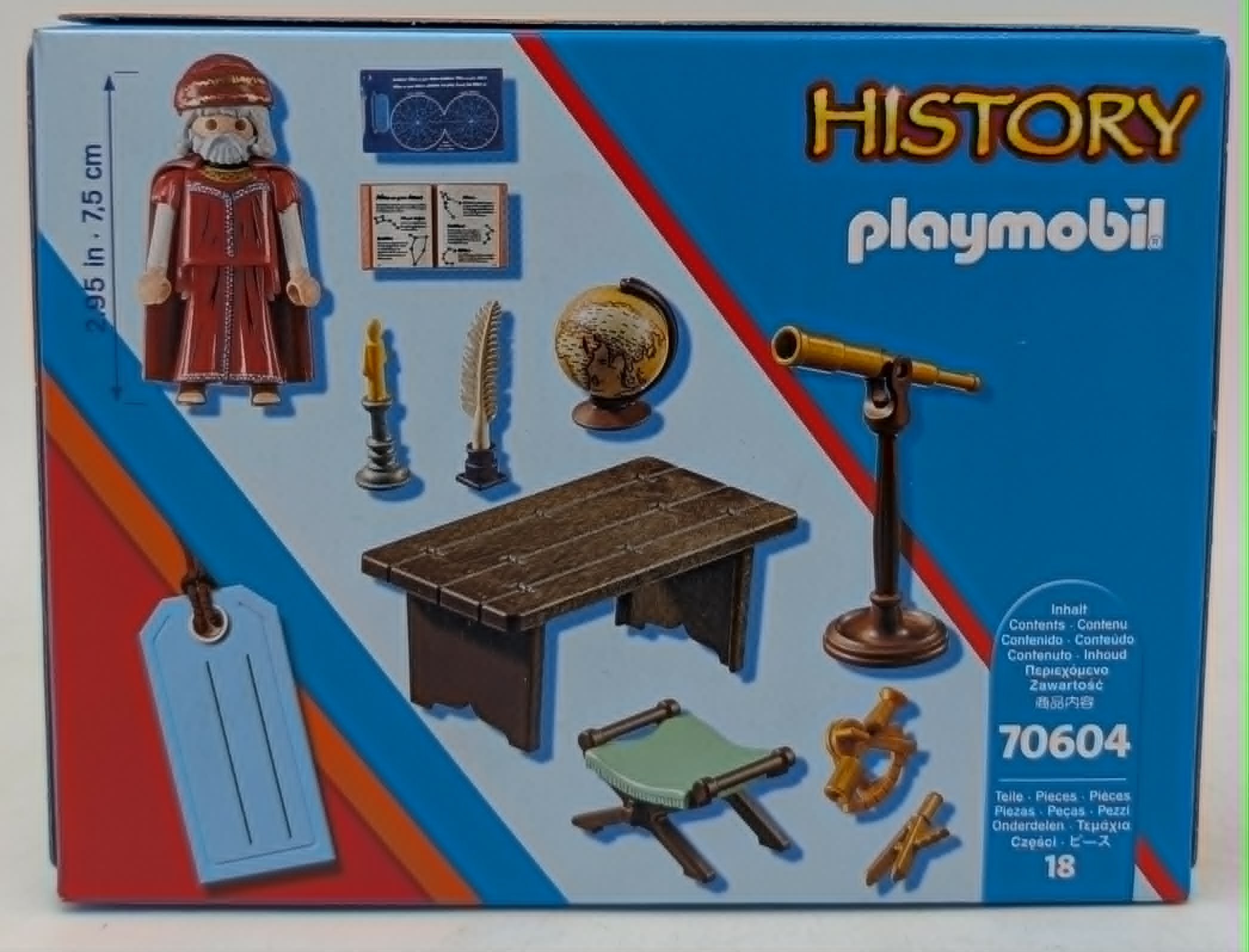 Playmobil-Historien-Set mit Figur, Tisch, Stuhl, Globus, Teleskop.