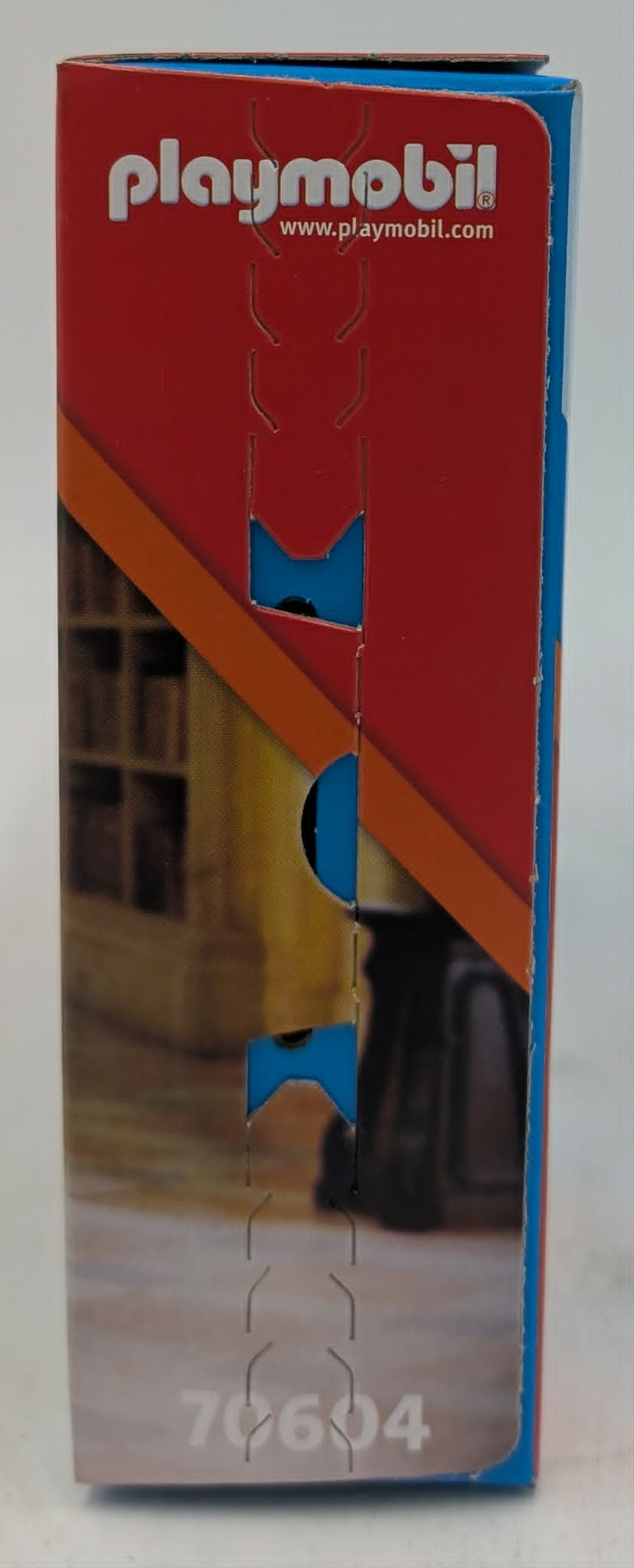 Playmobil-Verpackung mit roten und blauen Elementen und der Nummer 70604.