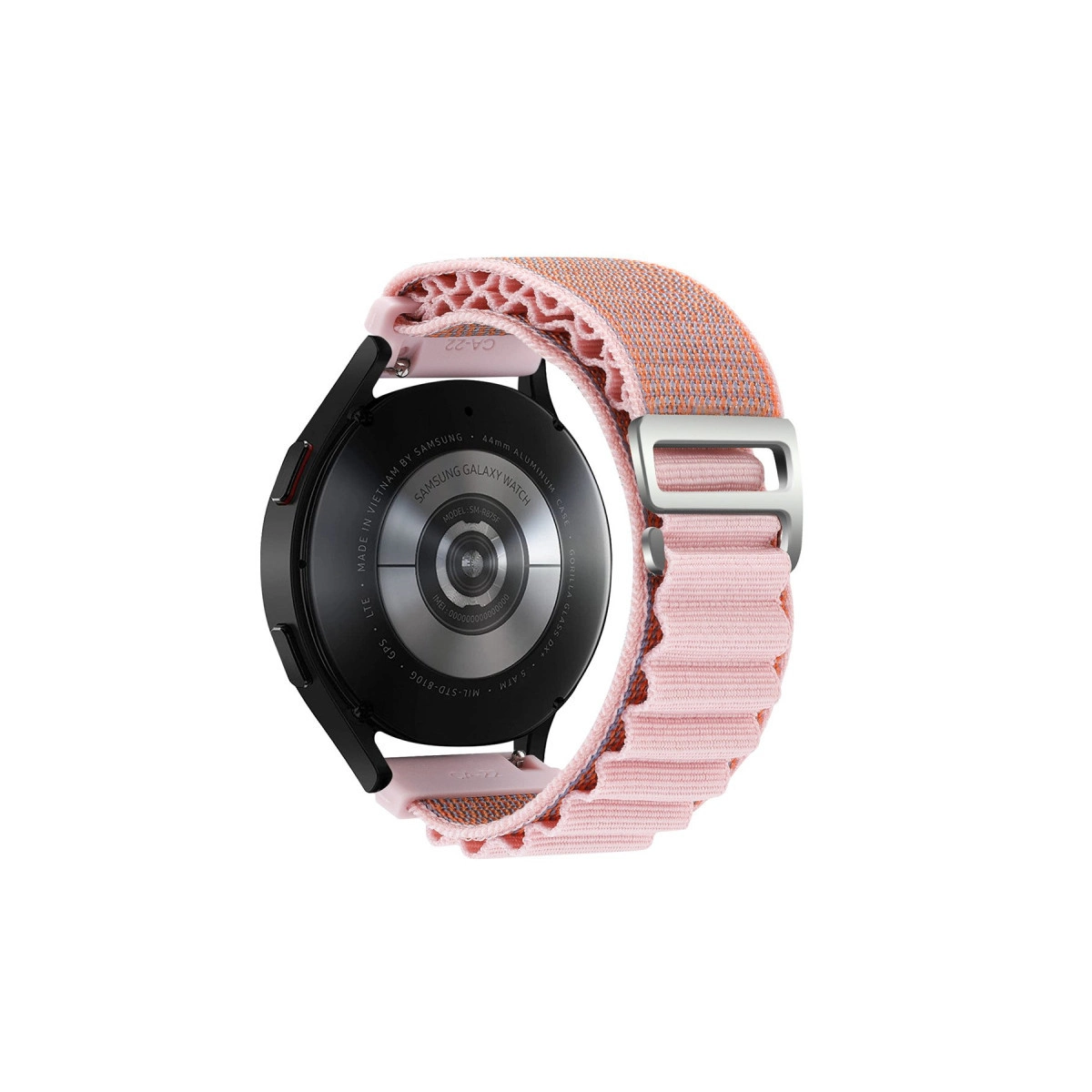 Pembe bantlı Samsung Galaxy Watch, arka görünüm.