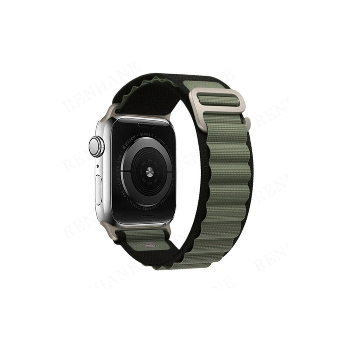 Gümüş renk Apple Watch, yeşil kumaş kordonlu, beyaz zeminde.