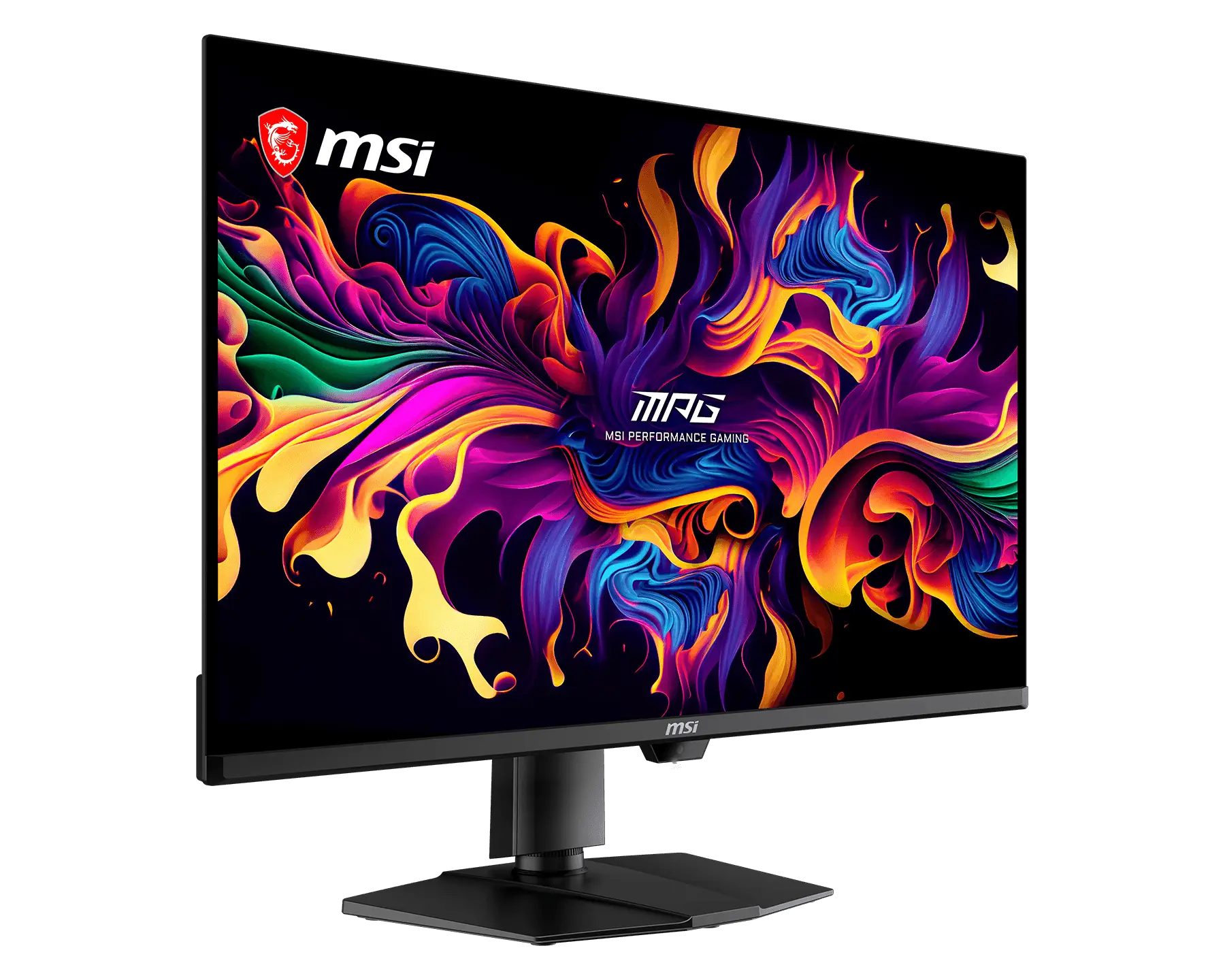 Un monitor da gaming MSI con un vibrante sfondo astratto e il logo MSI.