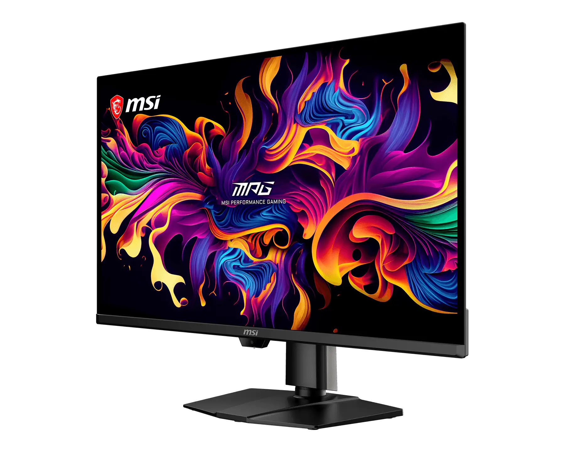Monitor gaming MSI con display colorato astratto e vibrante e logo MSI.
