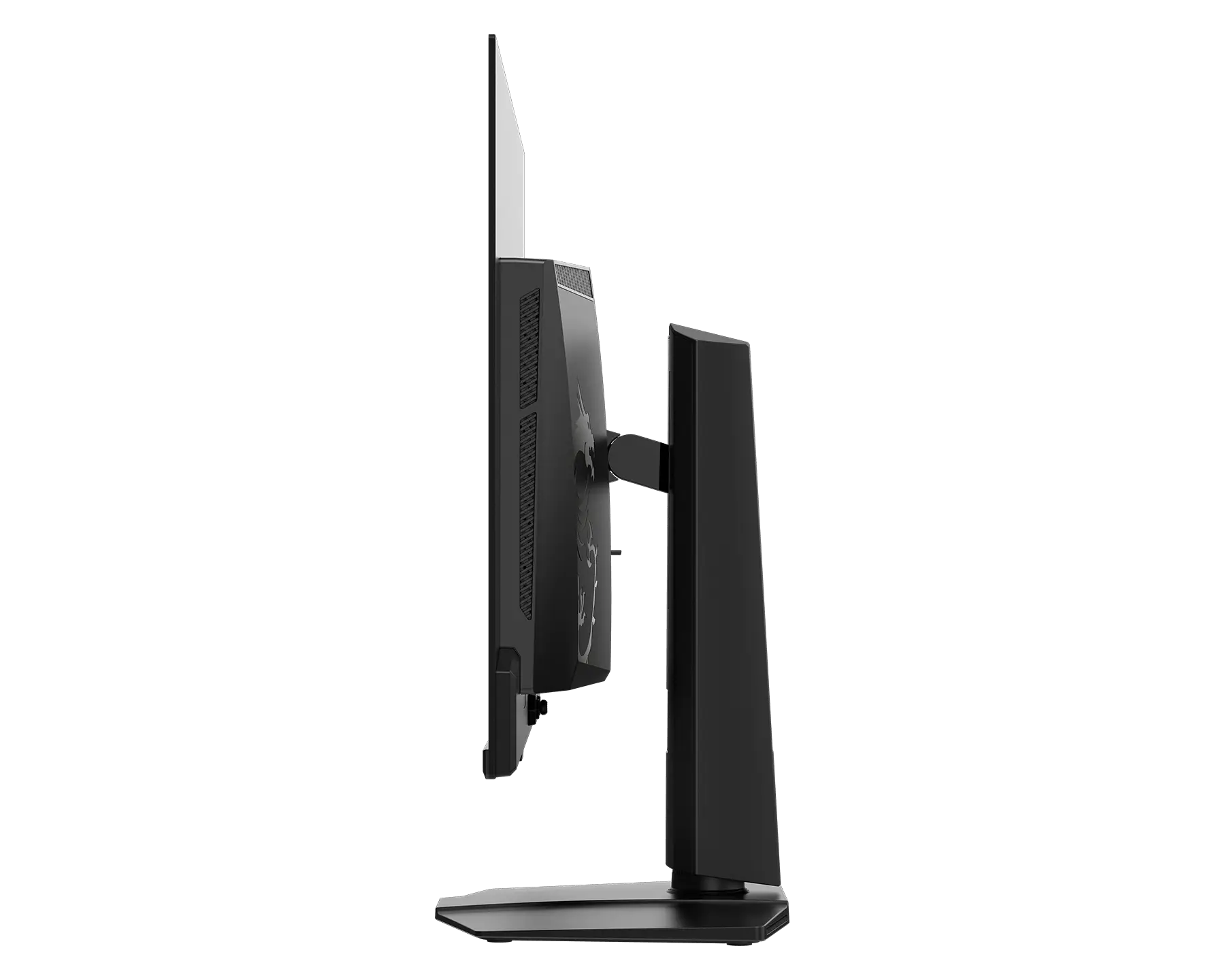 Monitor per computer nero di profilo su sfondo nero.