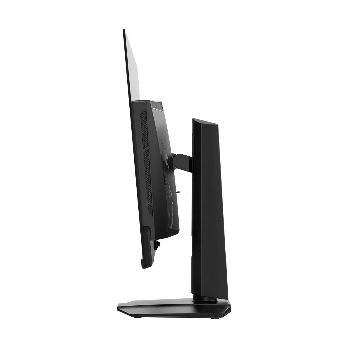 Un monitor di computer nero con supporto è mostrato di lato su sfondo bianco.