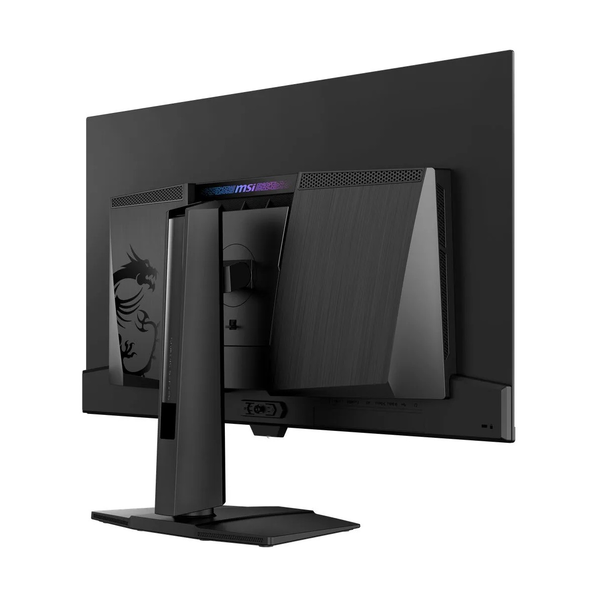 Vista posteriore di un monitor MSI nero con logo drago e illuminazione RGB.