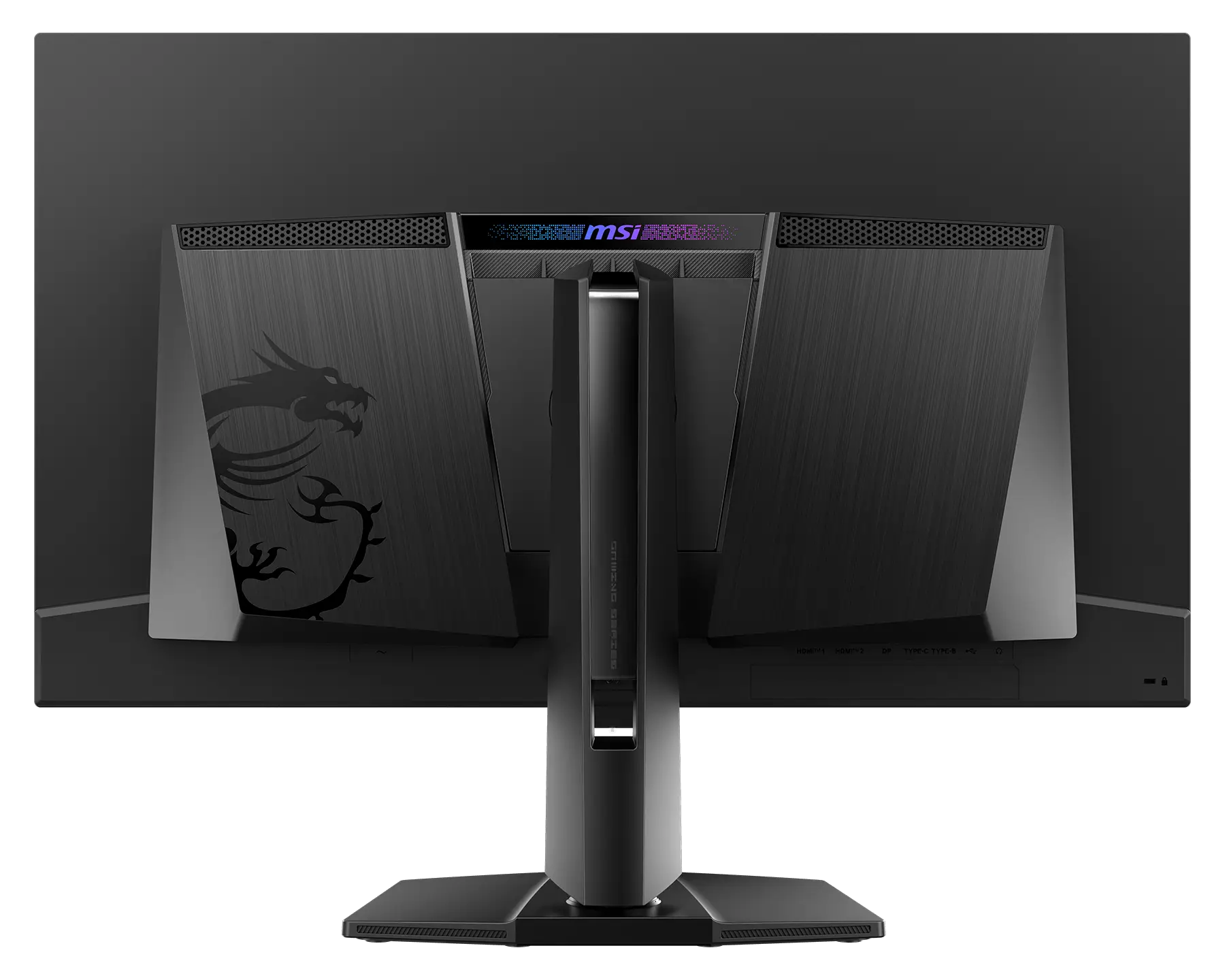 Retro di un monitor gaming MSI nero con logo drago e porte.