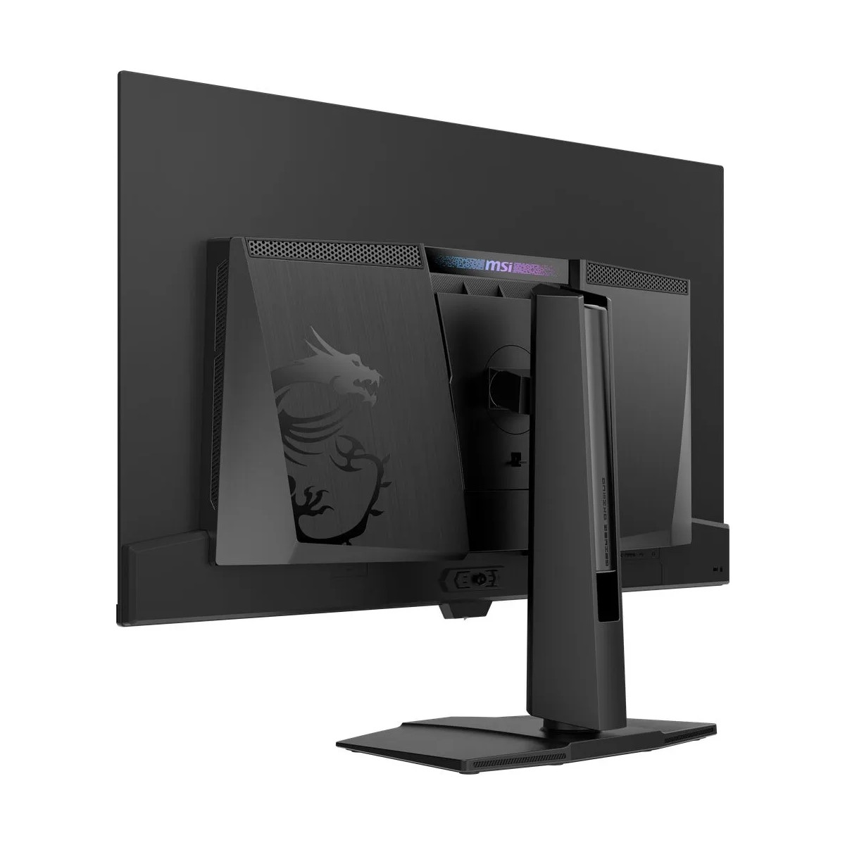 Vista posteriore di un monitor gaming MSI nero con logo drago e illuminazione RGB.