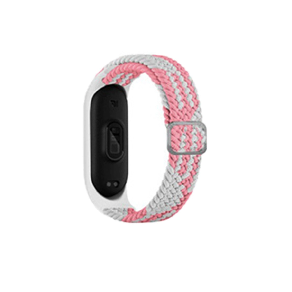 Pembe ve beyaz örgülü kayışlı beyaz fitness bandı.