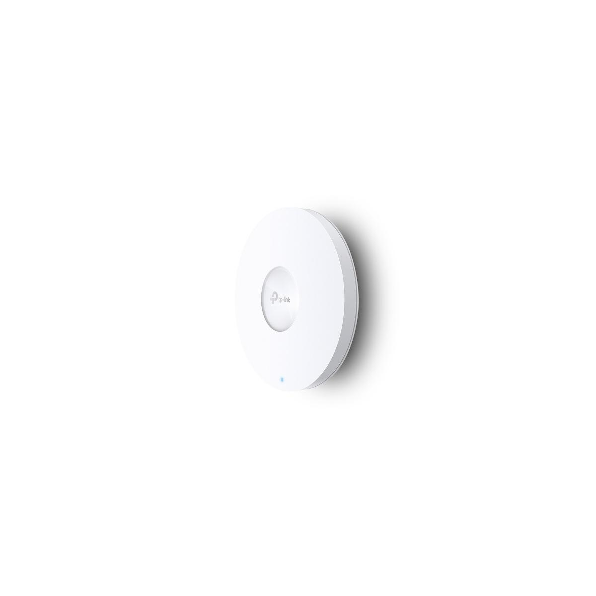 Un access point TP-Link bianco e rotondo con luce blu su sfondo bianco.