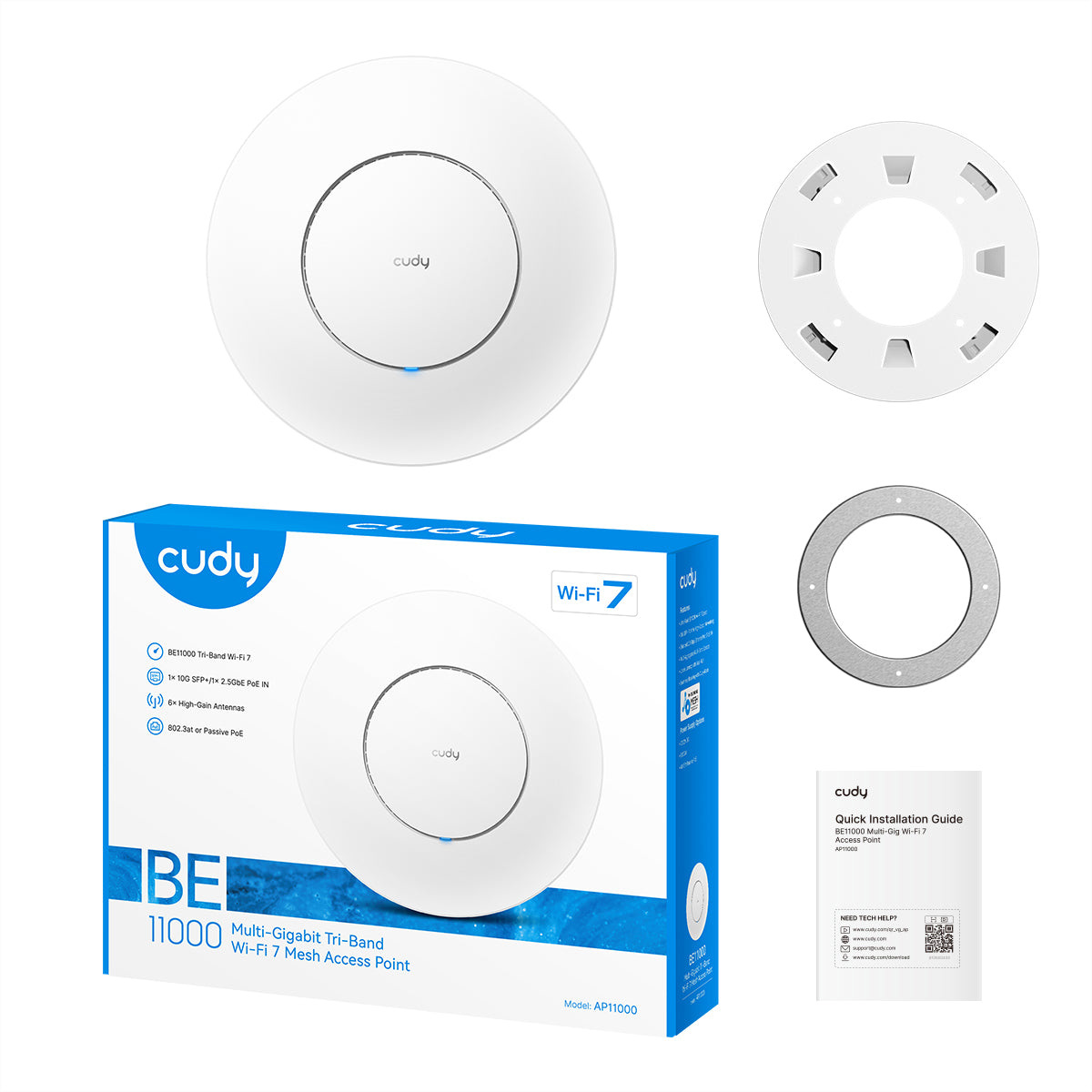 Punto di accesso Cudy Wi-Fi 7, scatola e accessori su sfondo bianco.