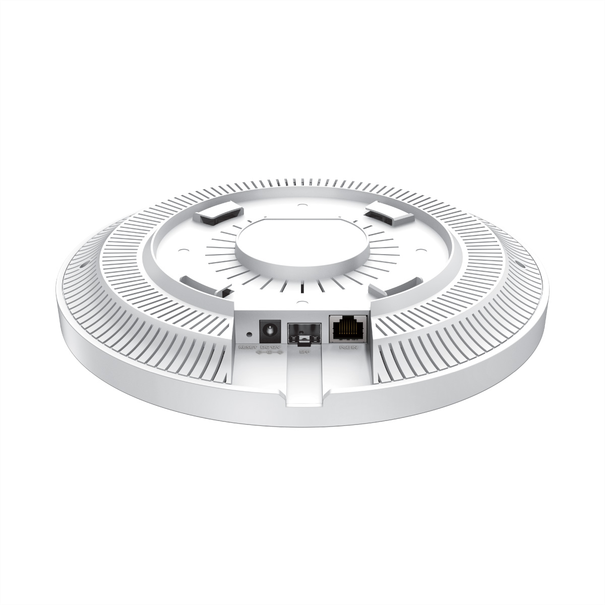 Dispositivo circolare bianco con porte: reset, DC 12V, SFP e RJ45 IN.