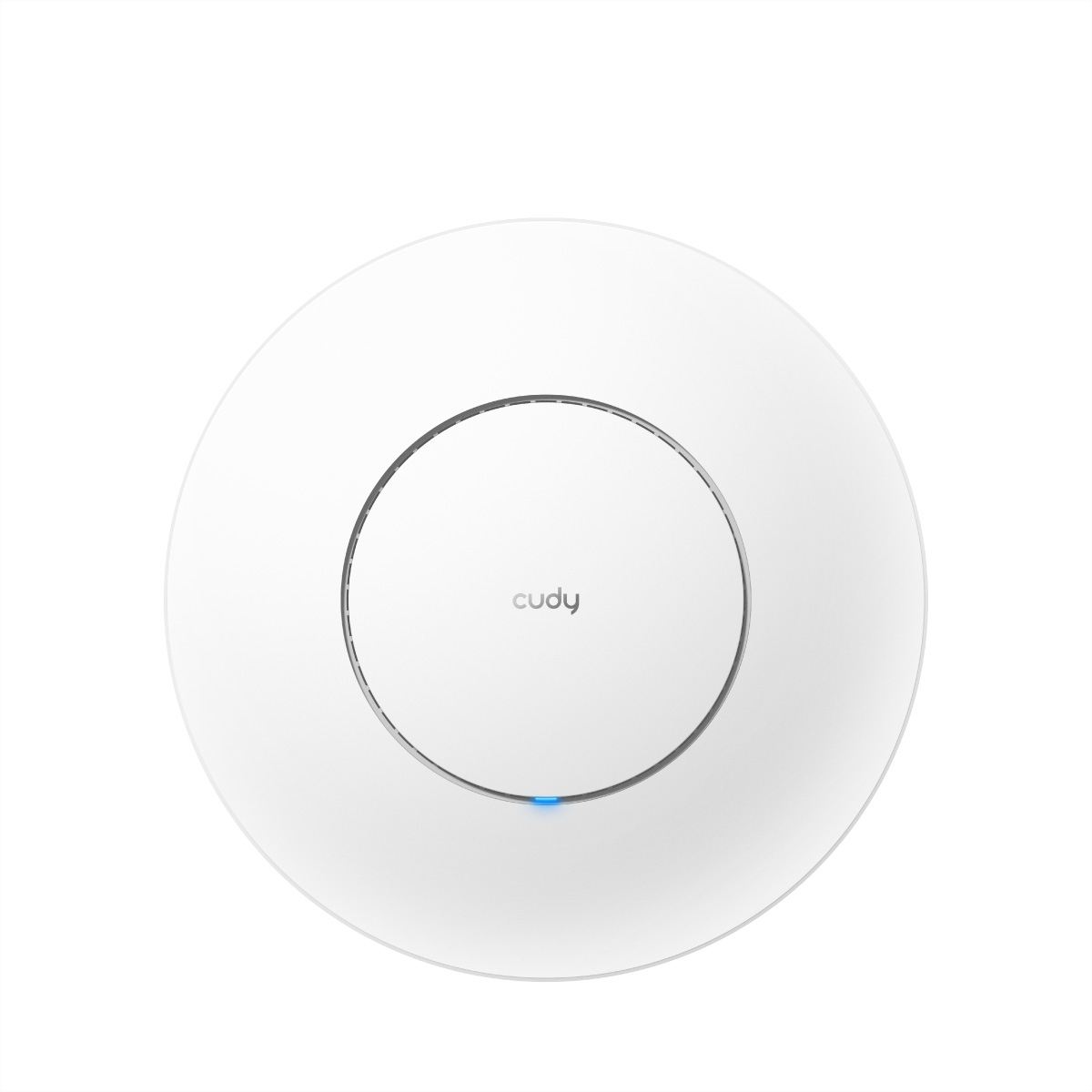 Un router Wi-Fi bianco e rotondo con il logo "cudy" e una luce LED blu.