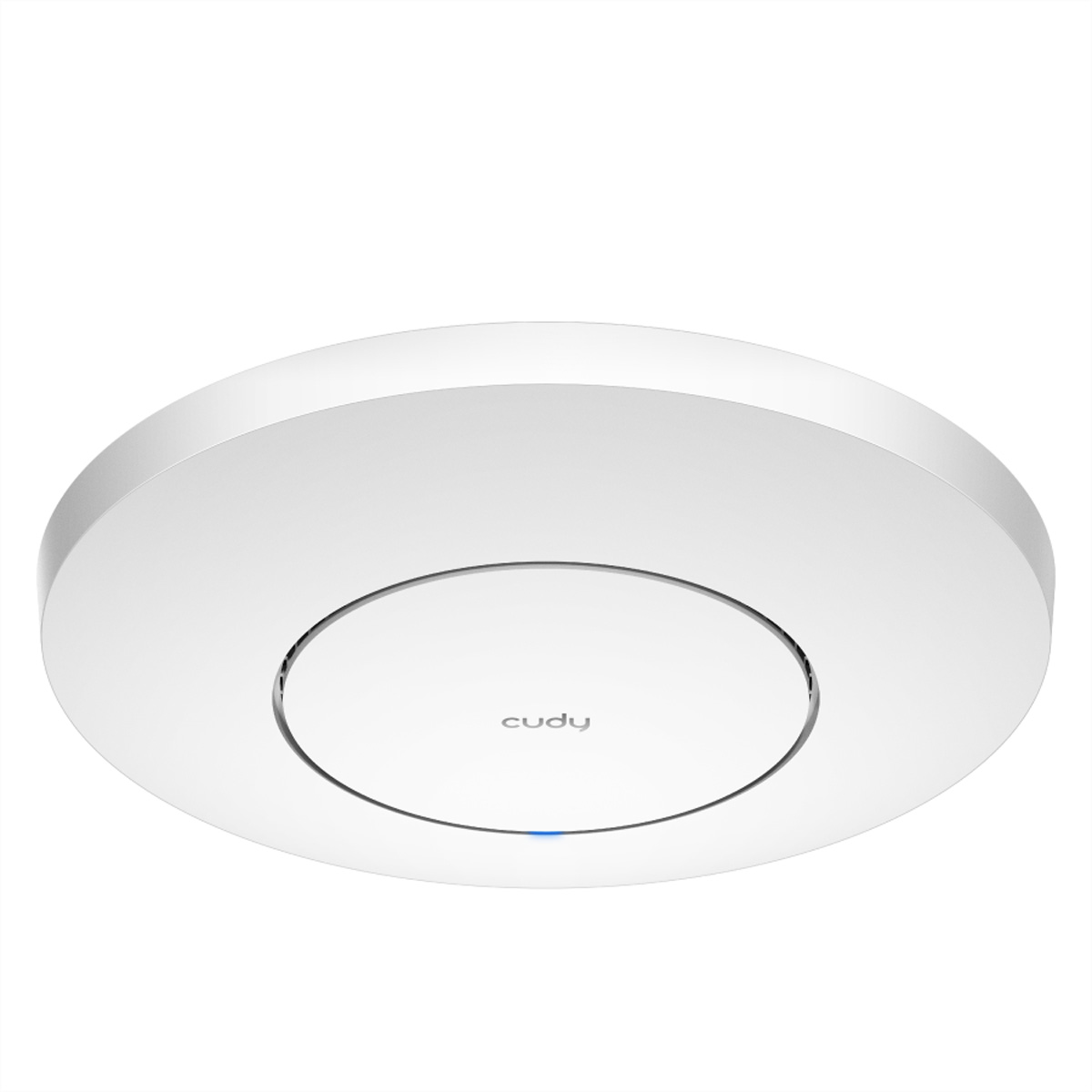 Un router Cudy bianco e circolare con una luce blu su sfondo bianco.
