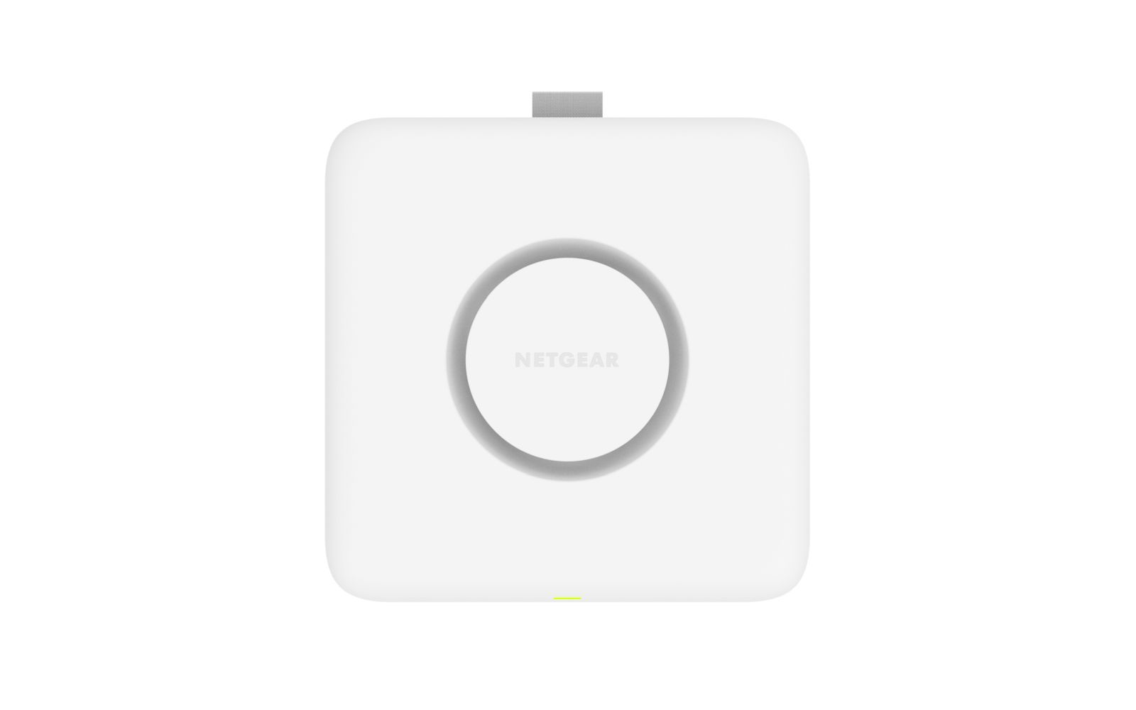 Un router Netgear blanco con un círculo y el logo de Netgear.