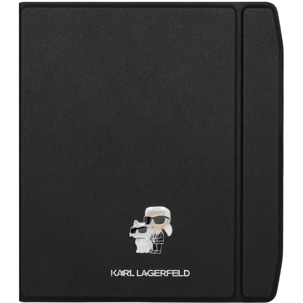Cartella nera Karl Lagerfeld con figura a fumetti e cane.