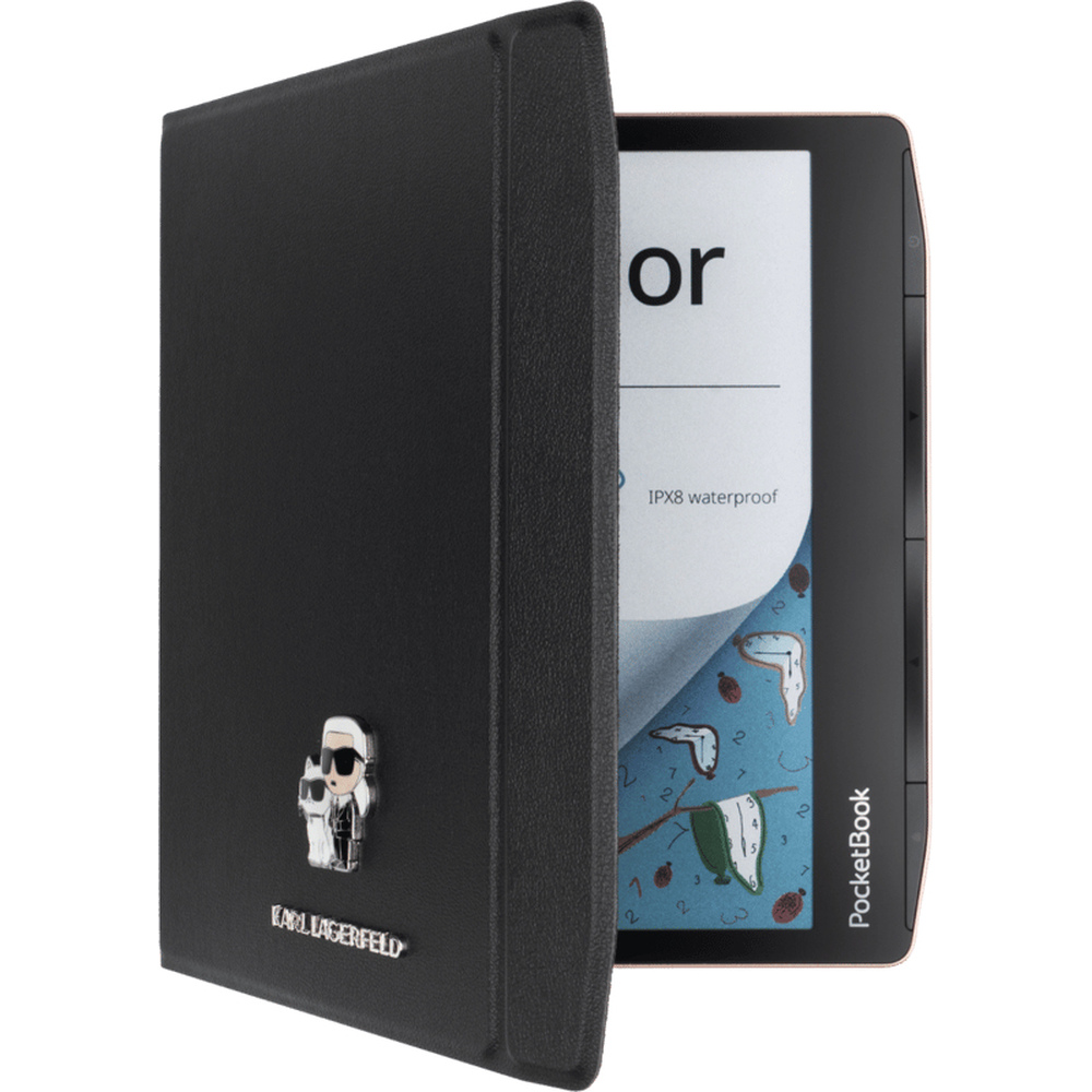 Custodia nera Karl Lagerfeld per e-reader con design grafico sullo schermo aperto.