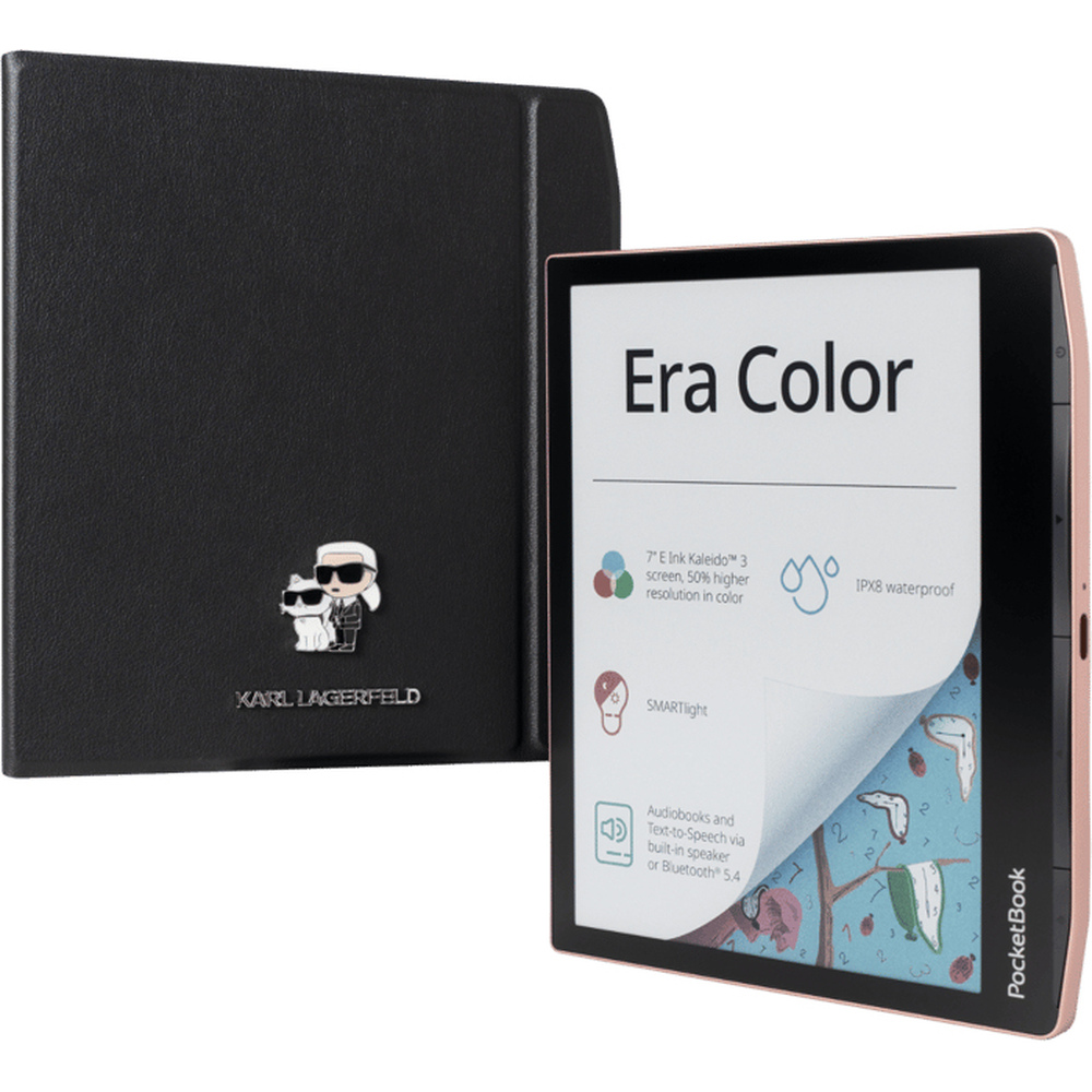 Una cover nera Karl Lagerfeld accanto a un e-reader rosa con 