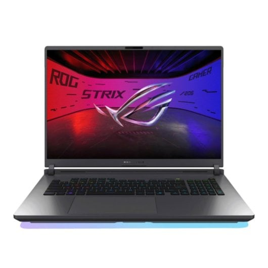 Un portátil gaming cerrado con el logo de ROG Strix y retroiluminación colorida.