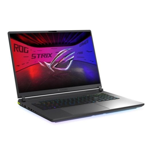 Un portátil negro ASUS ROG Strix con un vibrante logo ROG en la pantalla.