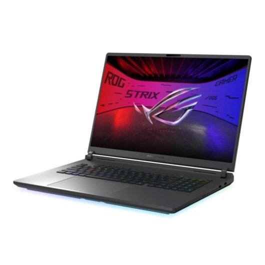 Un portátil gaming negro con una pantalla colorida que muestra un logo ROG Strix rojo y azul, visto en ángulo.