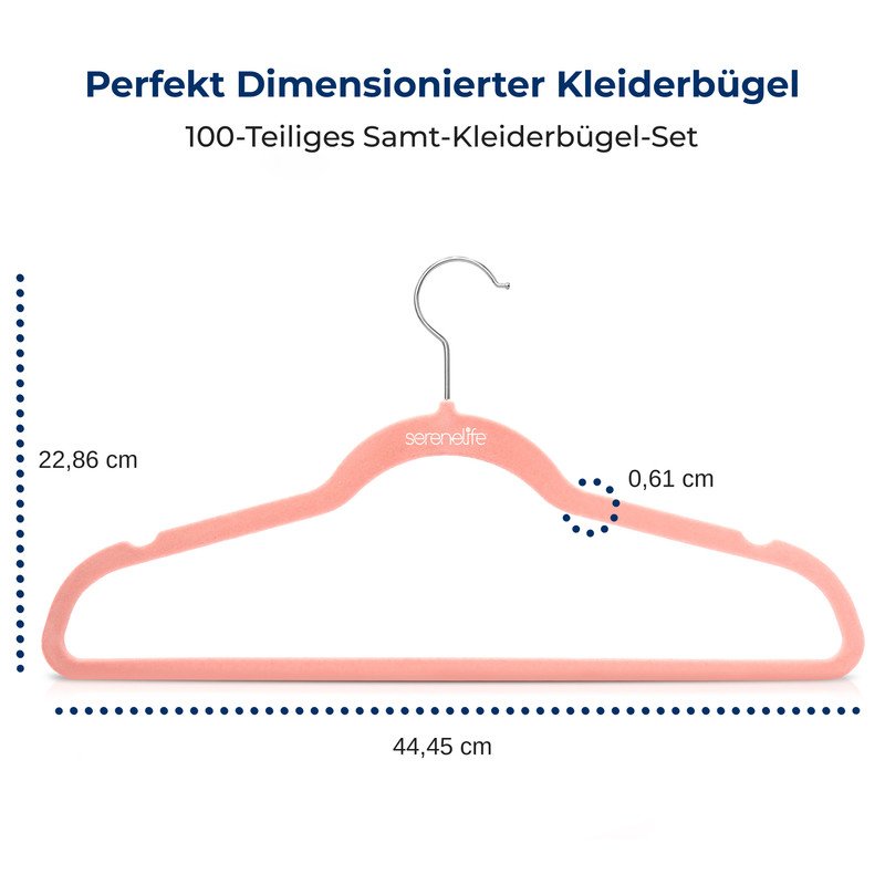 Ein korallenfarbener Samtkleiderbügel mit silbernem Haken und Maßen.