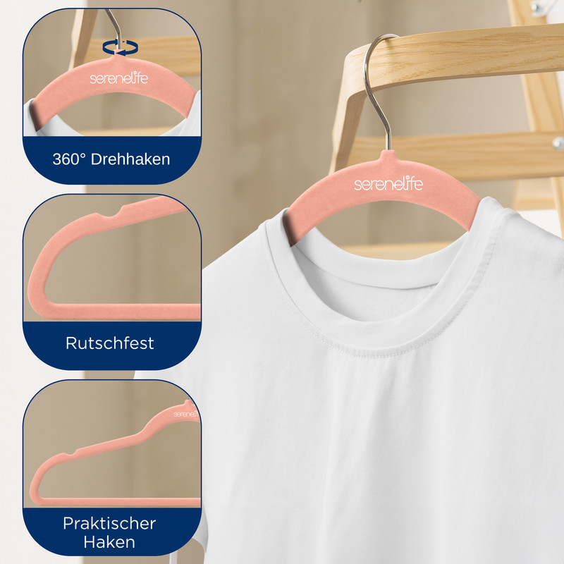 Ein weißes T-Shirt auf einem pfirsichfarbenen Samtbügel mit „serenelife“-Logo. Drei Einlagen zeigen Bügelfunktionen: 360-Grad-Haken, rutschfestes Design und praktischer Haken.