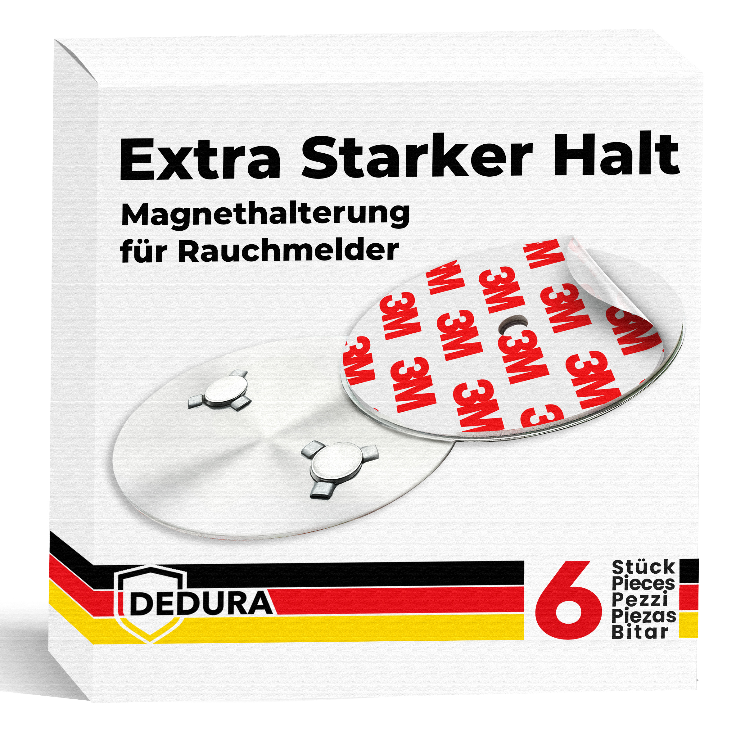 Verpackung mit zwei Magnetplatten und 3M-Klebeband, für Rauchmelder.