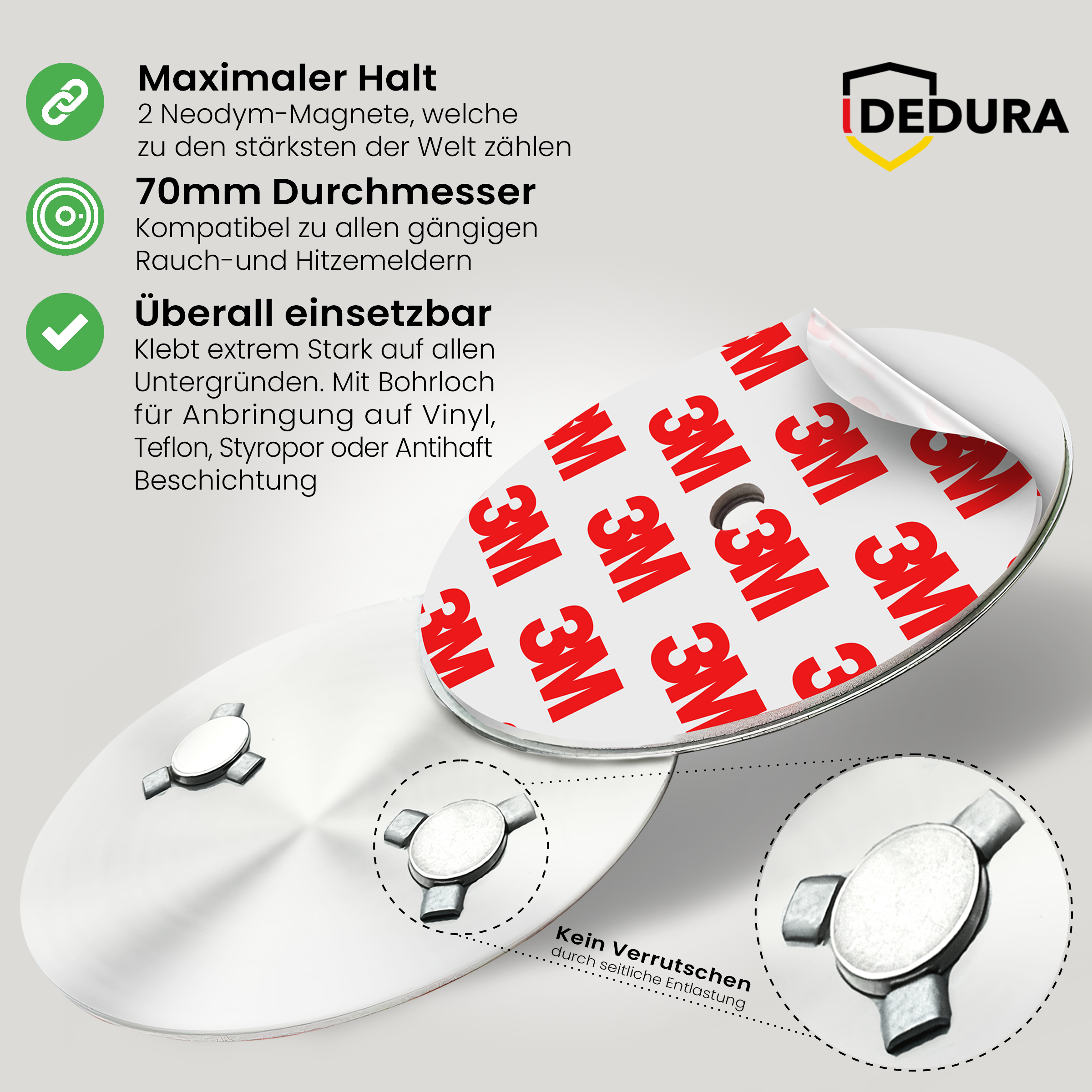 Produktbeschreibung für Rauchmelder-Halterung mit 3M Klebeband und Magneten.