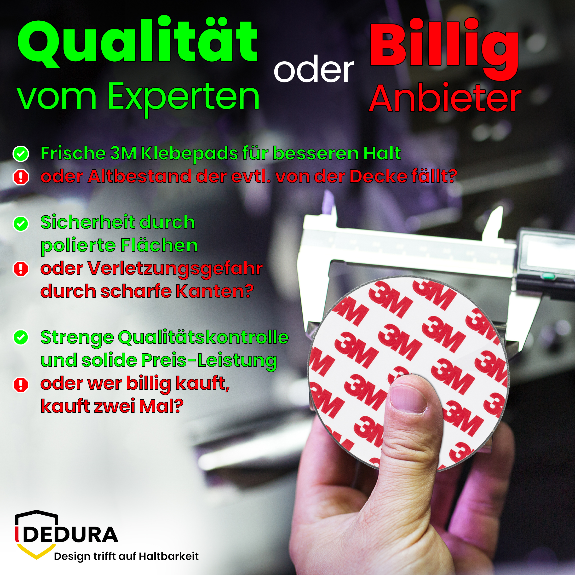 Hand hält rundes 3M Klebepad, Messschieber misst, mit kontrastierendem Text über Qualität vs. Billigprodukte.