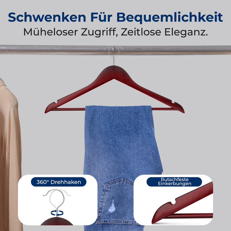 Ein hölzerner Kleiderbügel mit Jeans und zwei Detailbildern: drehbarer Haken und Kerben.