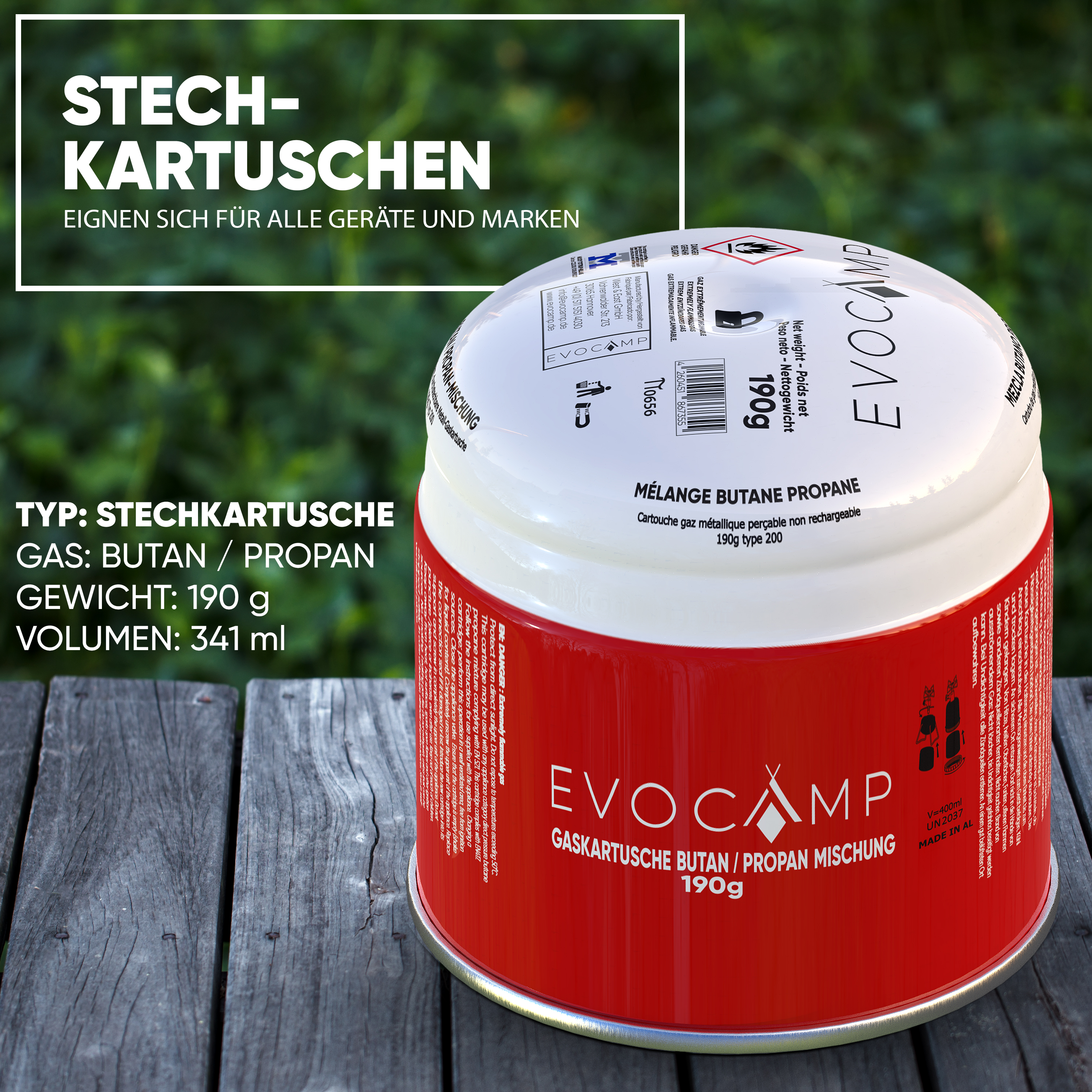 Eine rote und weiße Gaskartusche von Evocamp auf einem Holztisch.