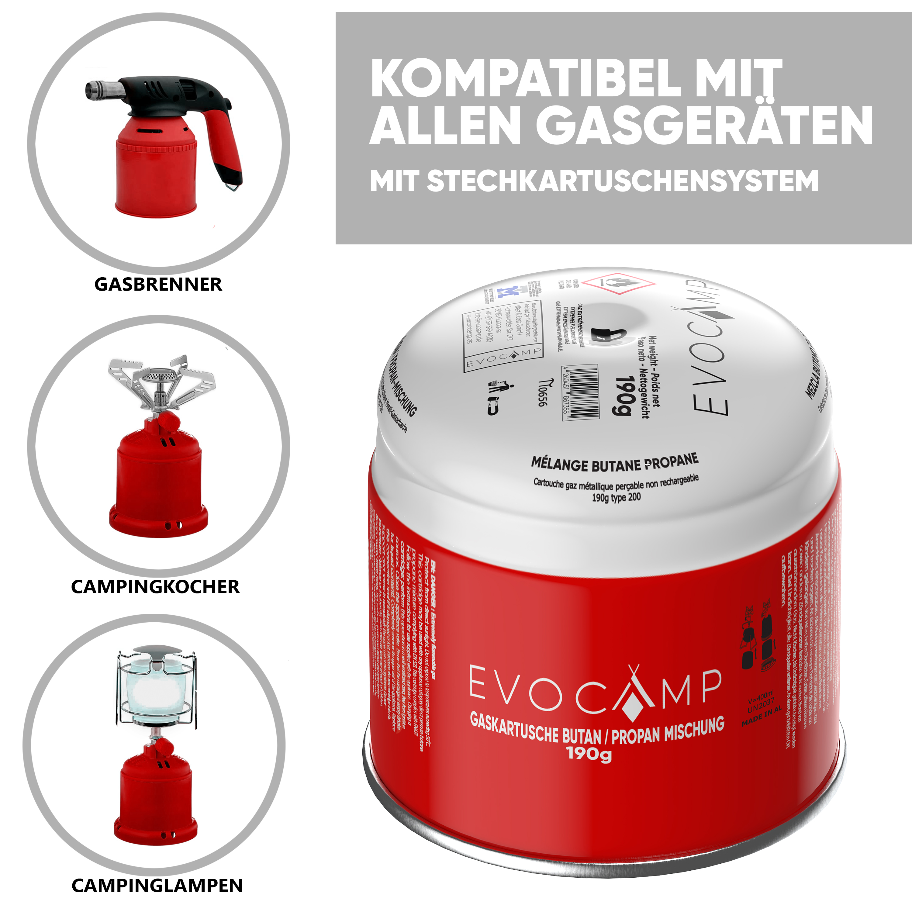 Roter Gasbrenner mit schwarzem Griff und Düse, Campingkocher und Campinglampe.