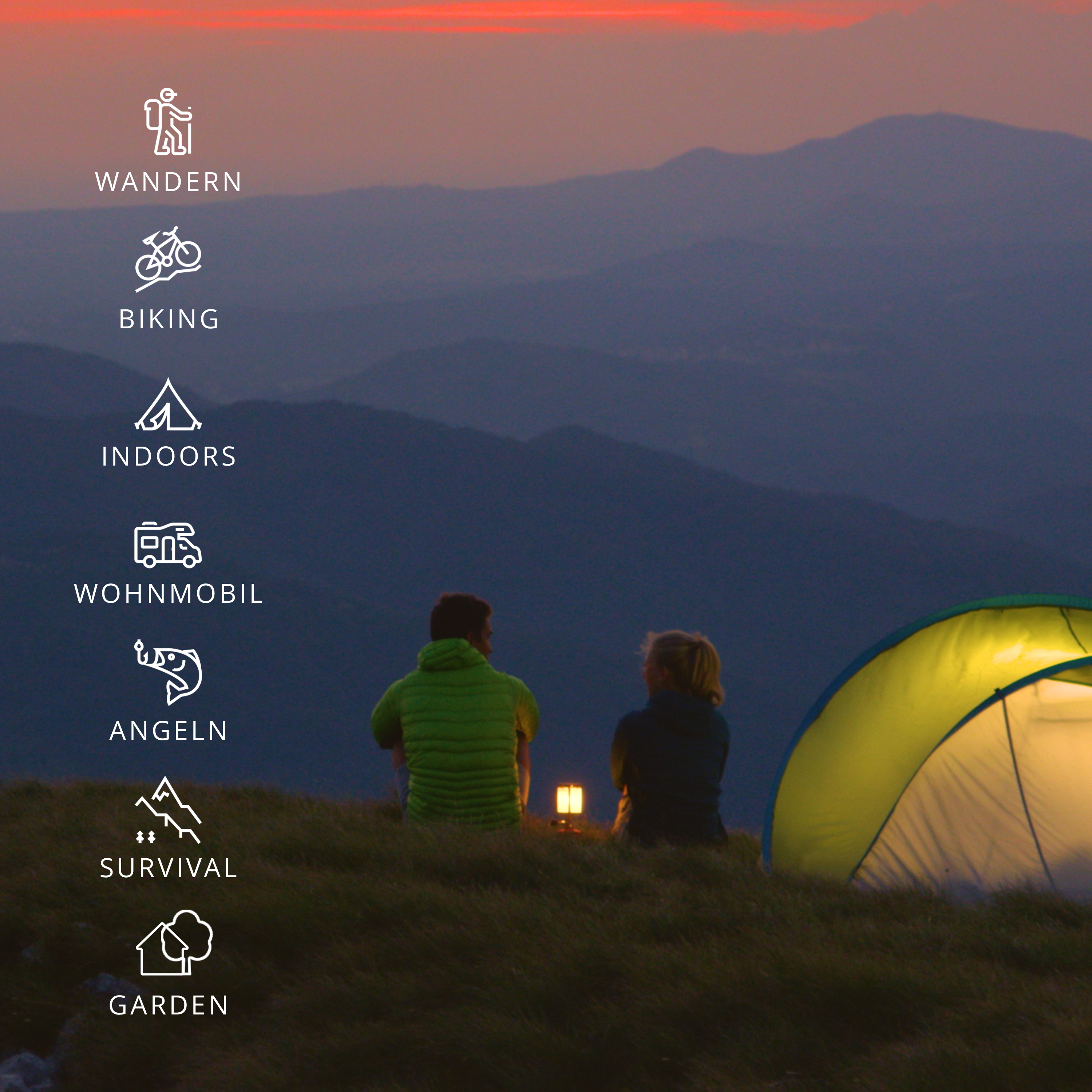 Zwei Personen sitzen vor einem Zelt bei Sonnenuntergang. Icons für Aktivitäten.