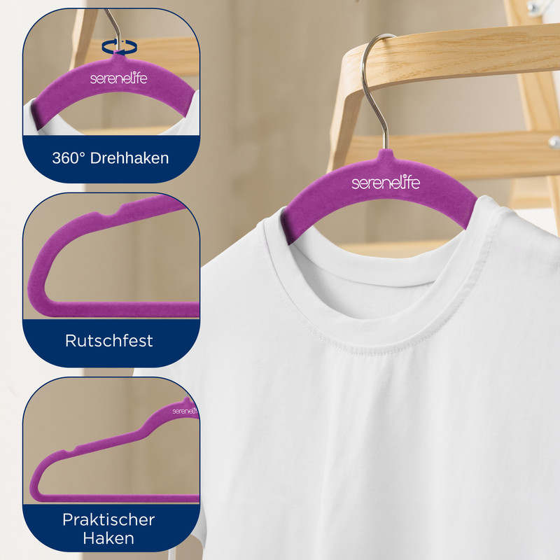 Lila Samtbügel mit weißem T-Shirt und drei Detailansichten.