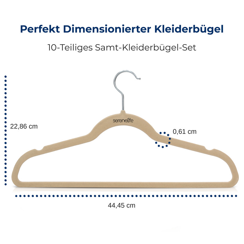 Ein beiger Samtkleiderbügel mit Maßen und dem Logo "serenelife".