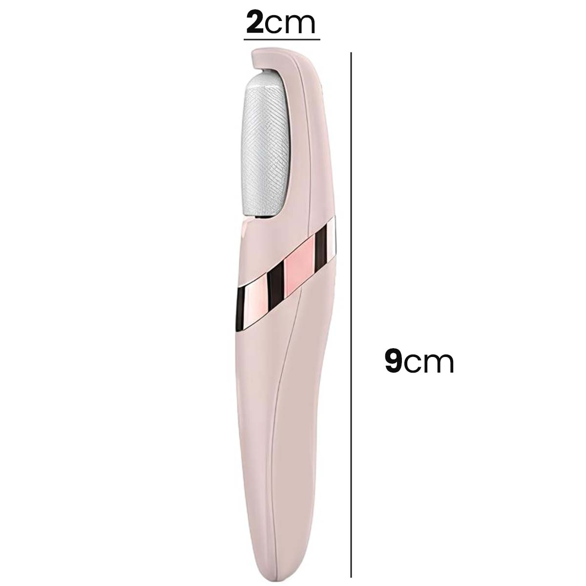 Ein rosa elektrischer Hornhautentferner mit silberner Rolle und Maßen von 2x9cm.