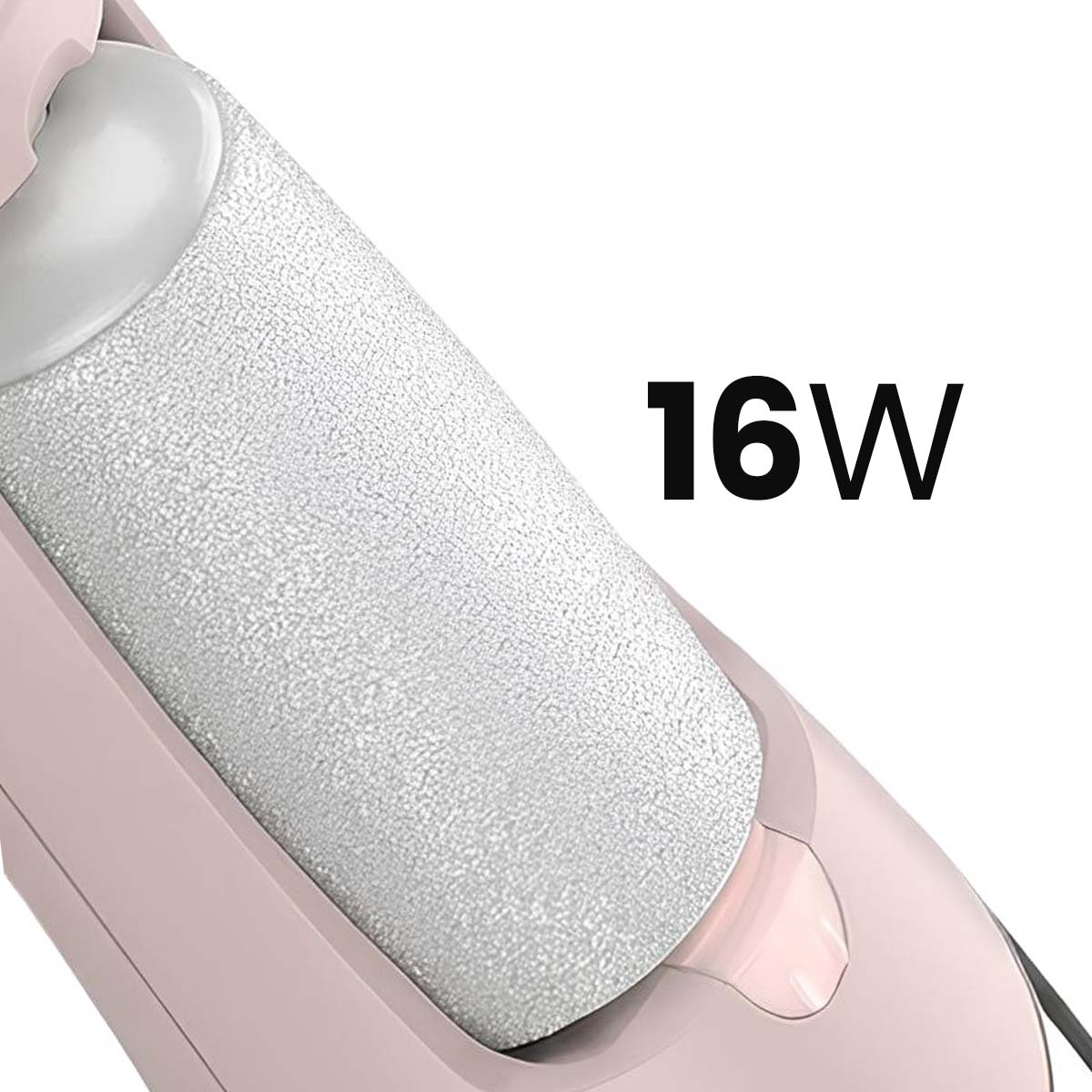 Nahaufnahme einer rosa Fußfeile mit Schleifwalze und der Angabe 16W.